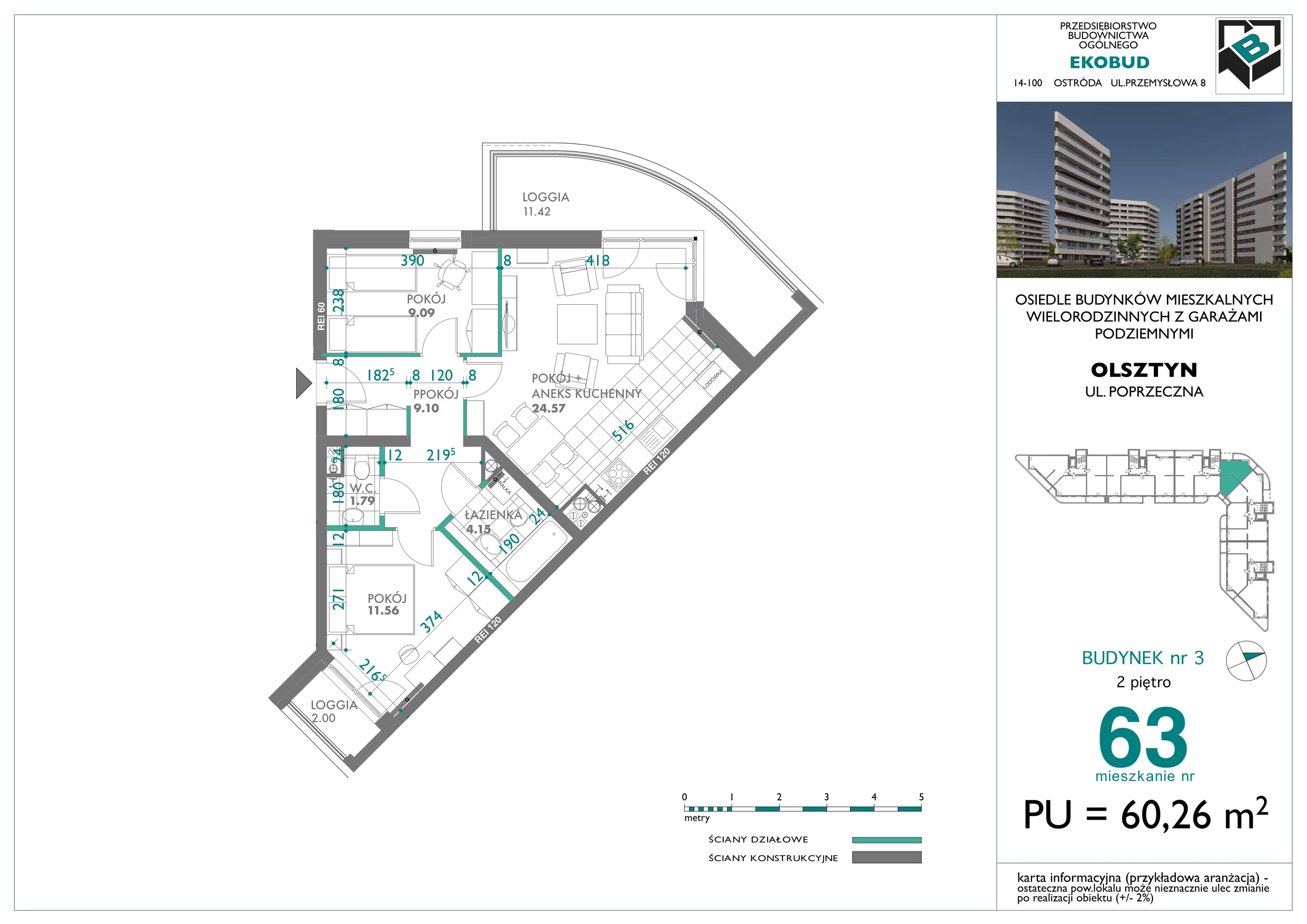 3 pokoje, mieszkanie 60,26 m², piętro 2, oferta nr 63, Quatro, Olsztyn, Zatorze, ul. Poprzeczna