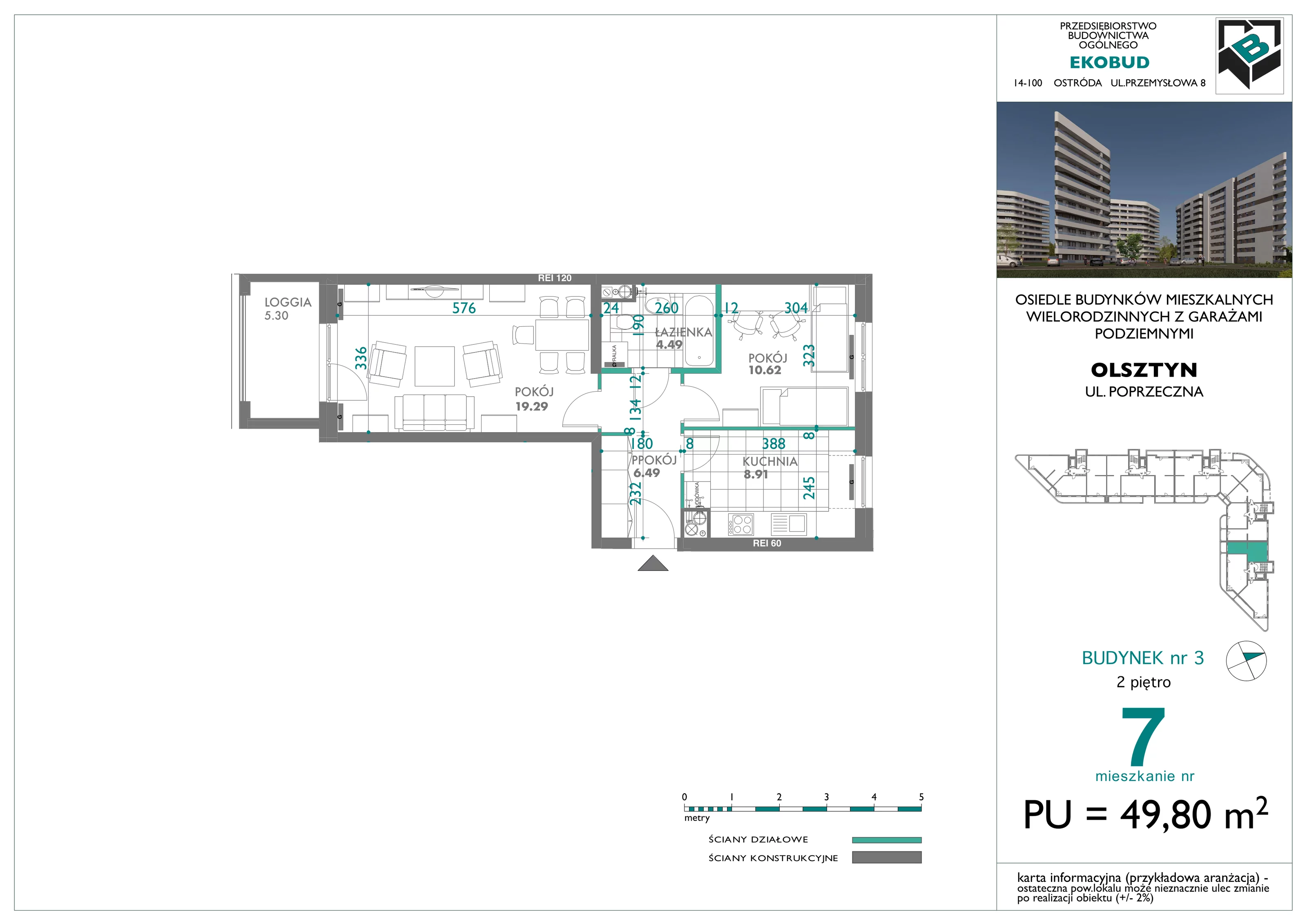 2 pokoje, mieszkanie 49,80 m², piętro 2, oferta nr 7, Quatro, Olsztyn, Zatorze, ul. Poprzeczna