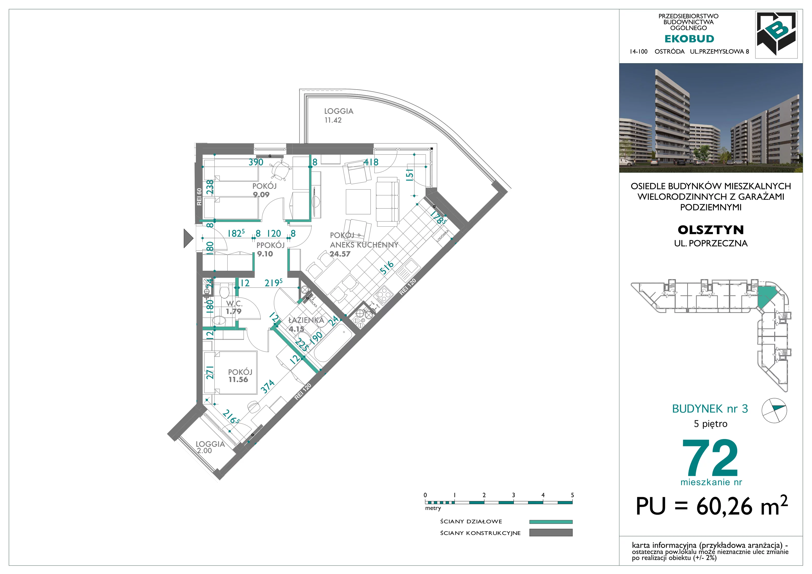 3 pokoje, mieszkanie 60,26 m², piętro 5, oferta nr 72, Quatro, Olsztyn, Zatorze, ul. Poprzeczna