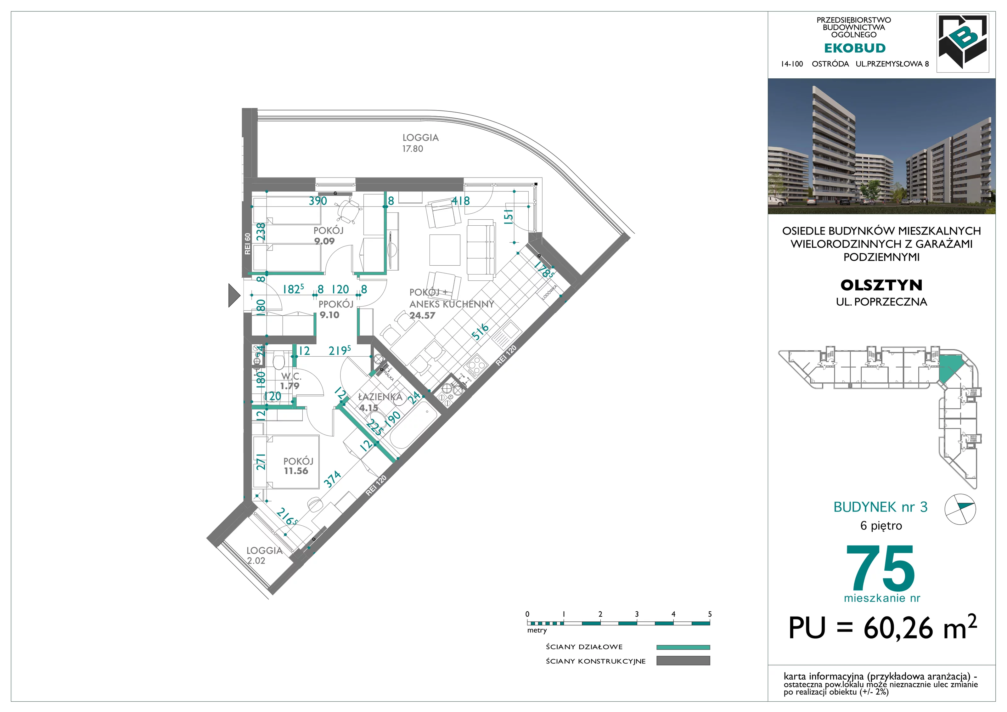 3 pokoje, mieszkanie 60,26 m², piętro 6, oferta nr 75, Quatro, Olsztyn, Zatorze, ul. Poprzeczna