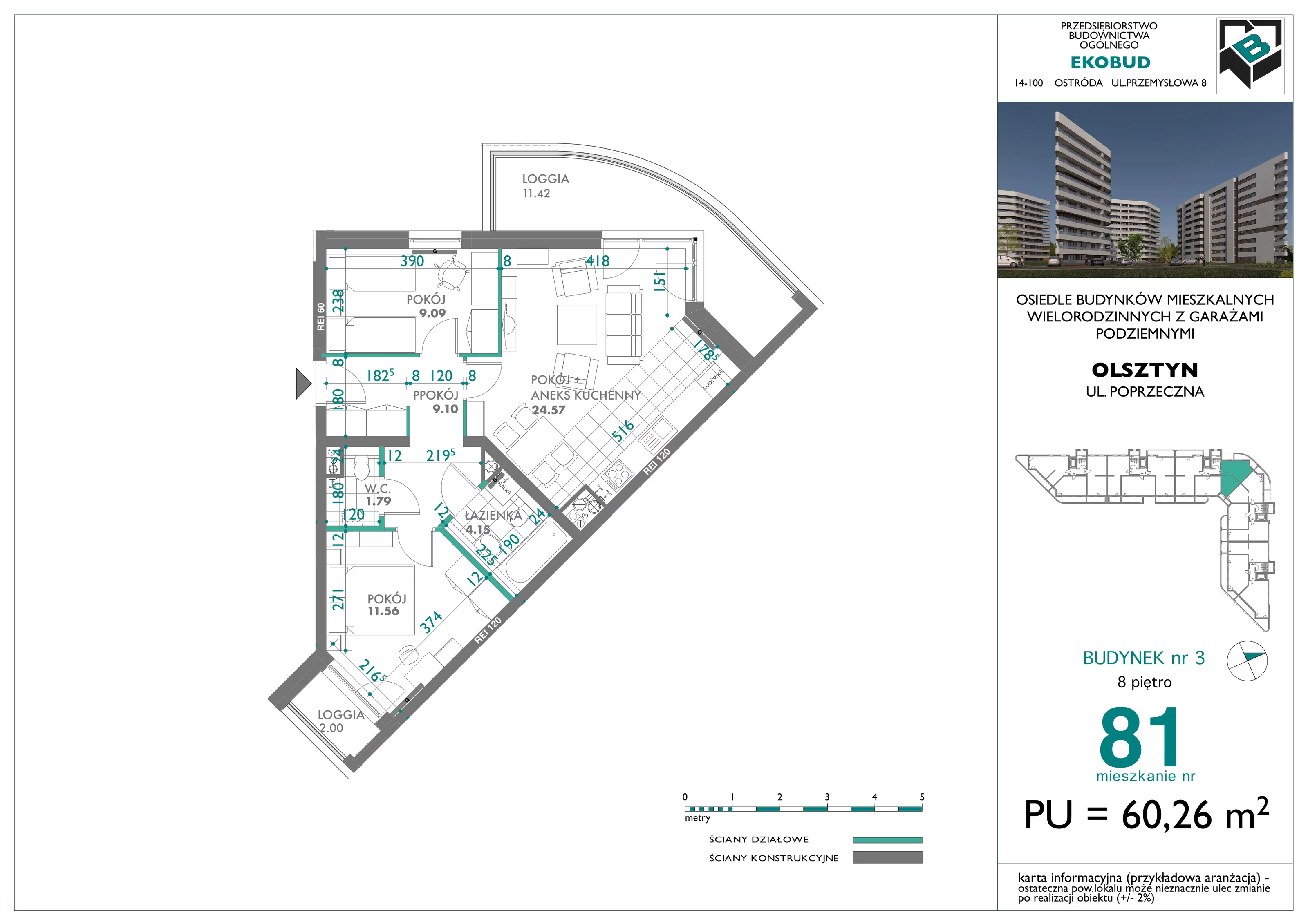 3 pokoje, mieszkanie 60,26 m², piętro 8, oferta nr 81, Quatro, Olsztyn, Zatorze, ul. Poprzeczna