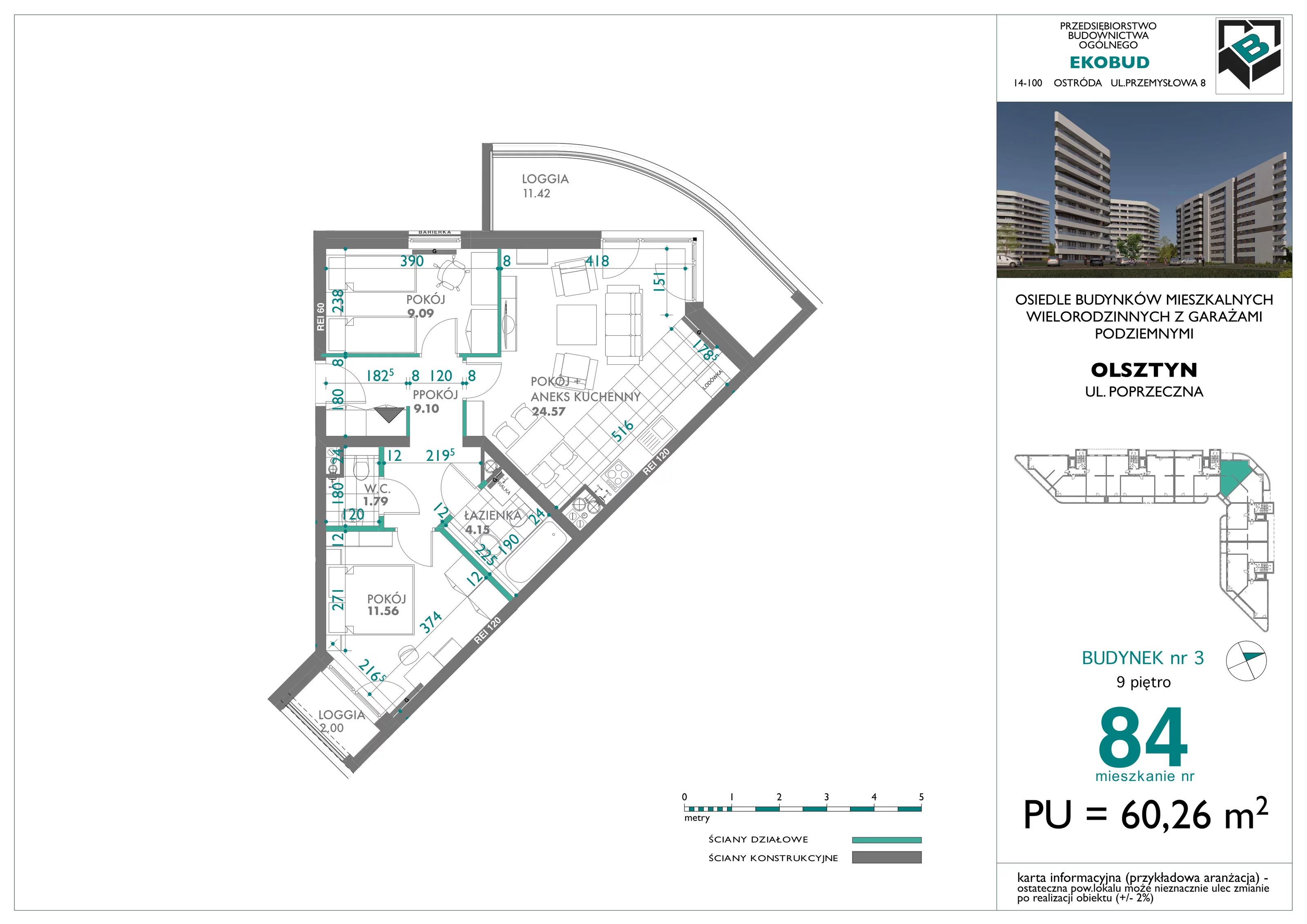 3 pokoje, mieszkanie 60,26 m², piętro 9, oferta nr 84, Quatro, Olsztyn, Zatorze, ul. Poprzeczna