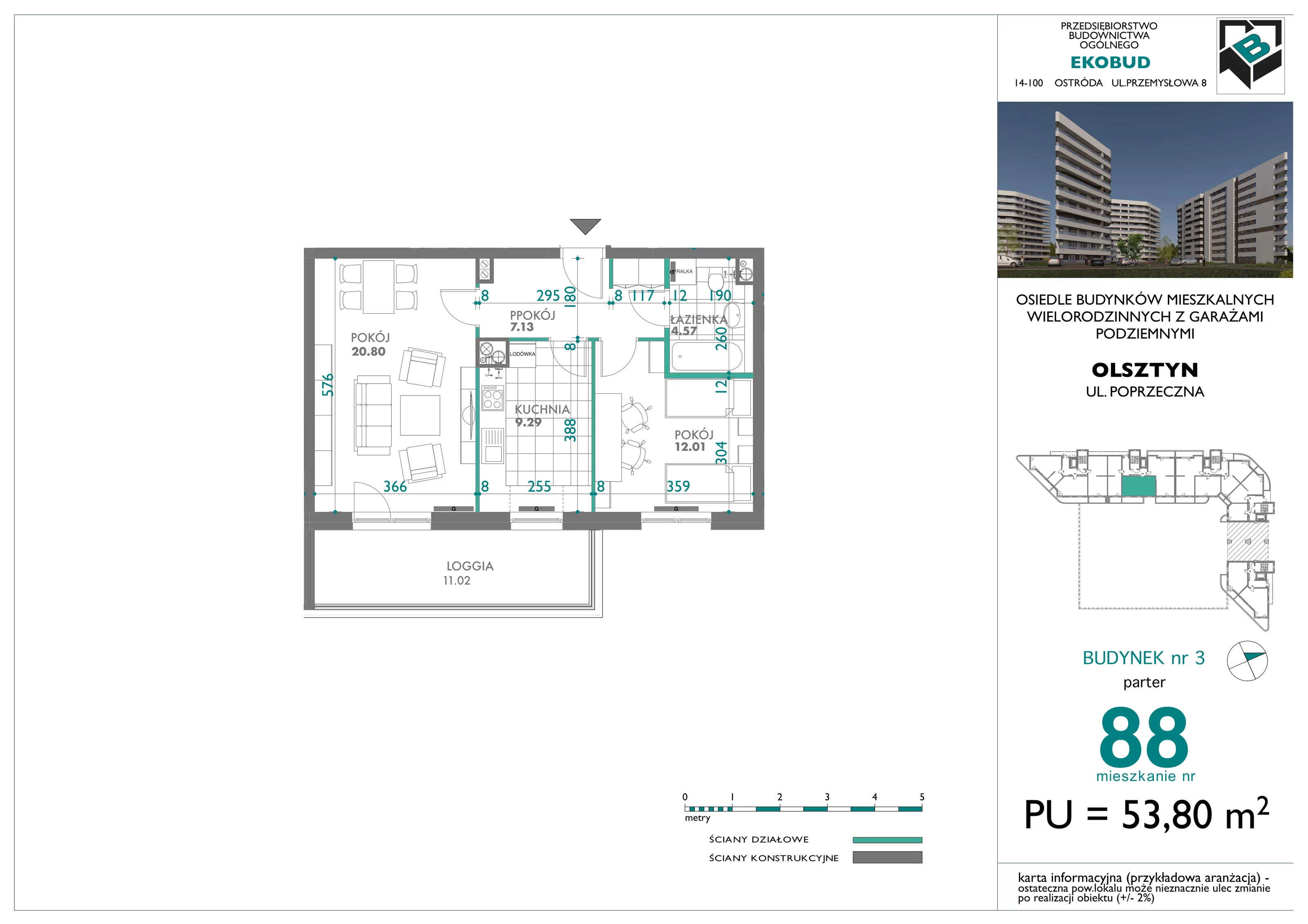 2 pokoje, mieszkanie 53,80 m², parter, oferta nr 88, Quatro, Olsztyn, Zatorze, ul. Poprzeczna