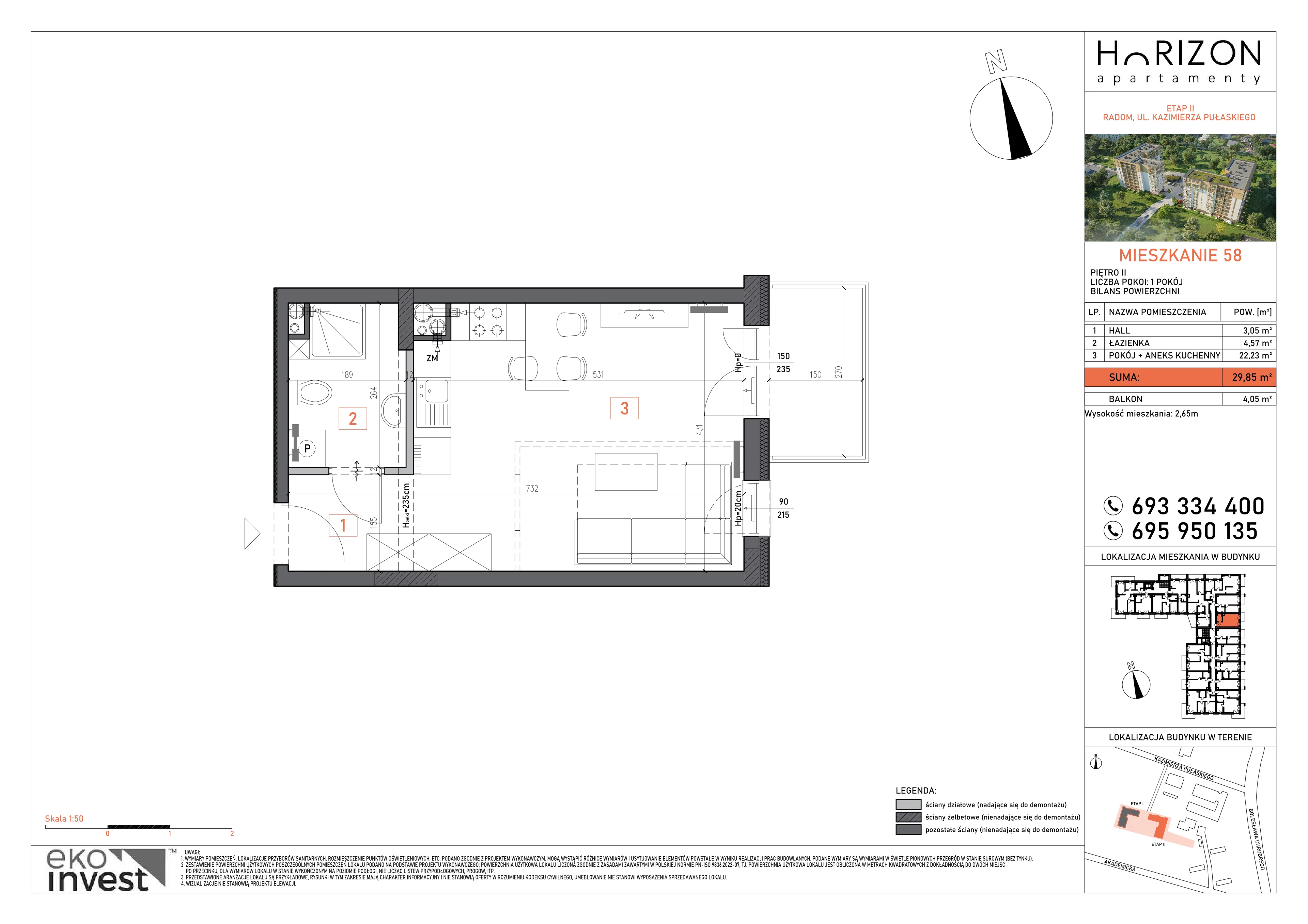 1 pokój, mieszkanie 29,85 m², piętro 2, oferta nr 58, Apartamenty Horizon II etap, Radom, Akademickie, ul. Kazimierza Pułaskiego / Akademicka