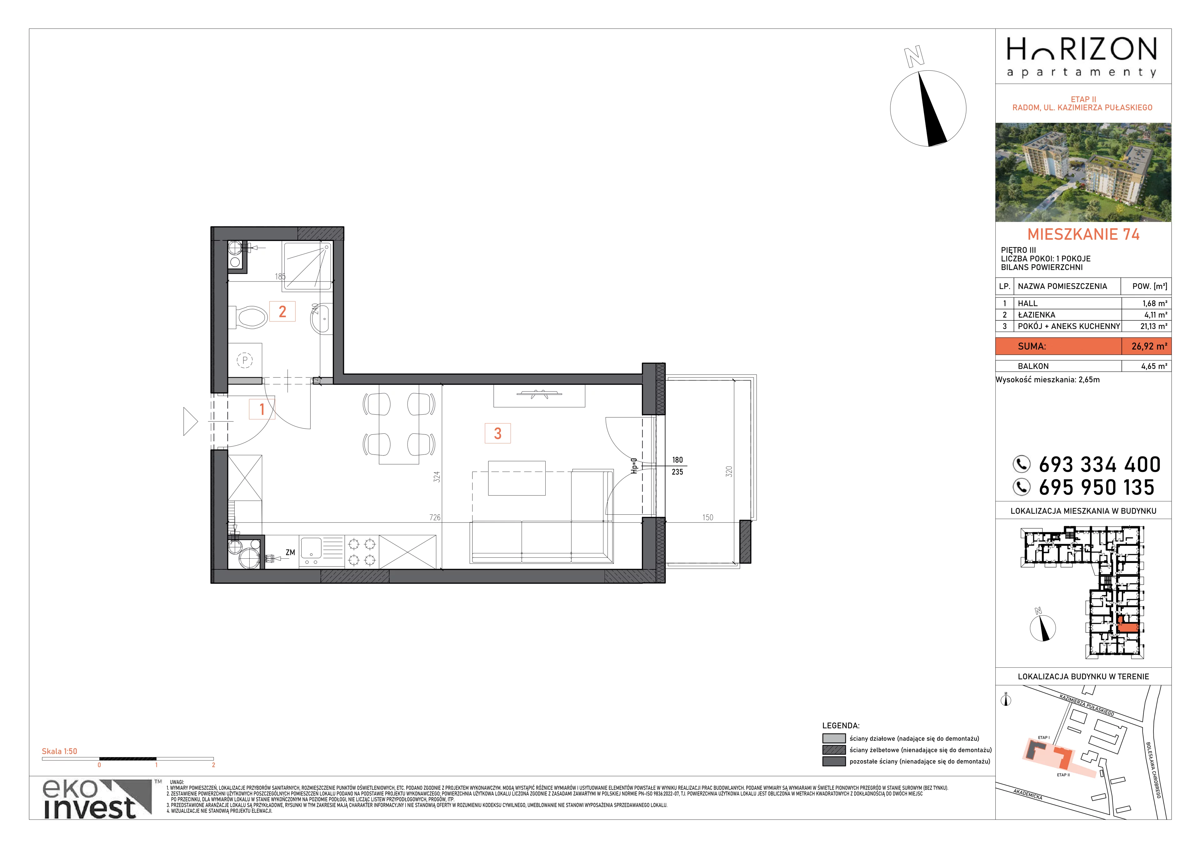 1 pokój, mieszkanie 26,92 m², piętro 3, oferta nr 74, Apartamenty Horizon II etap, Radom, Akademickie, ul. Kazimierza Pułaskiego / Akademicka