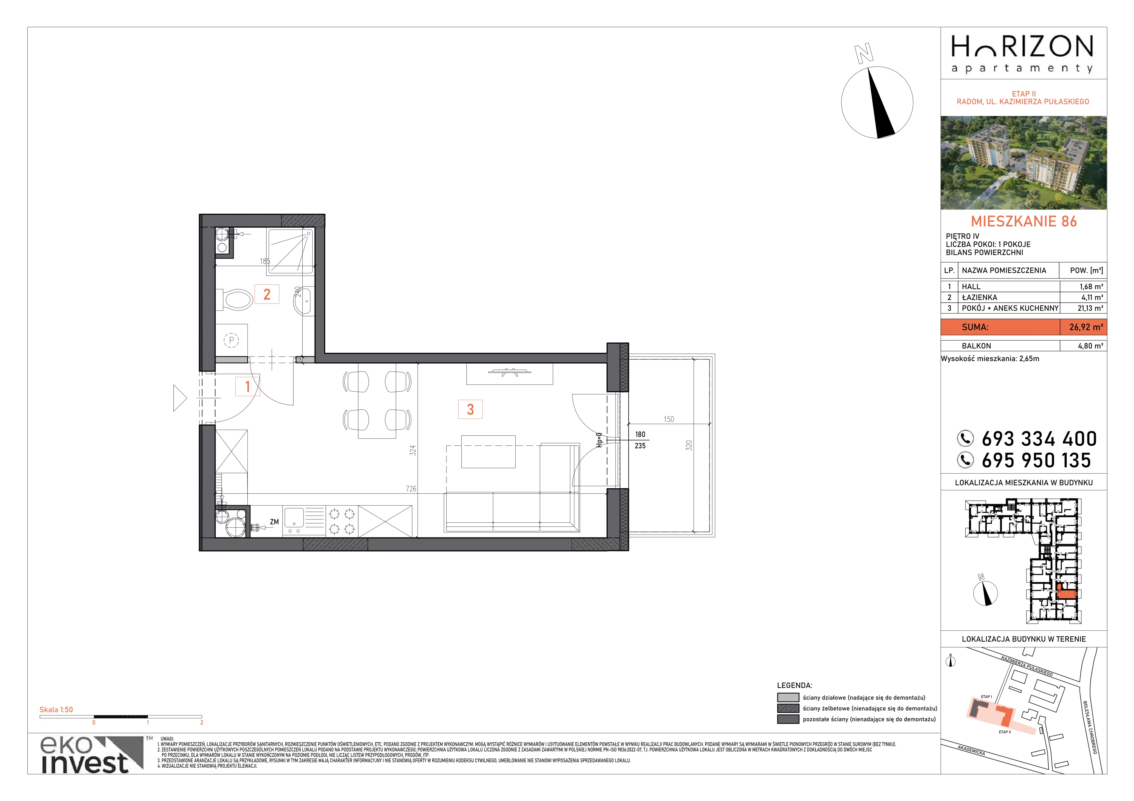1 pokój, mieszkanie 26,92 m², piętro 4, oferta nr 86, Apartamenty Horizon II etap, Radom, Akademickie, ul. Kazimierza Pułaskiego / Akademicka