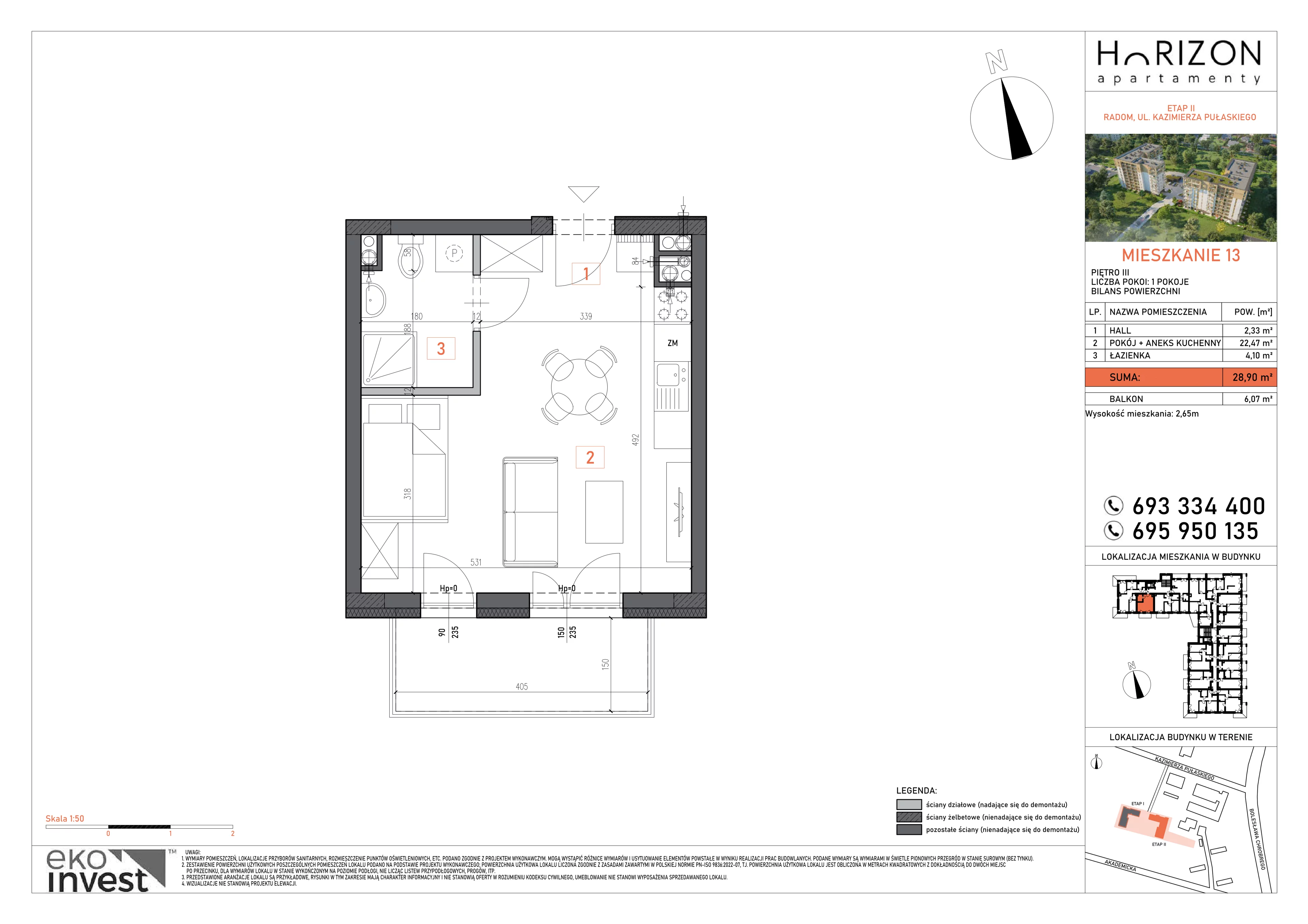 1 pokój, mieszkanie 28,90 m², piętro 3, oferta nr 13, Apartamenty Horizon II etap, Radom, Akademickie, ul. Kazimierza Pułaskiego / Akademicka
