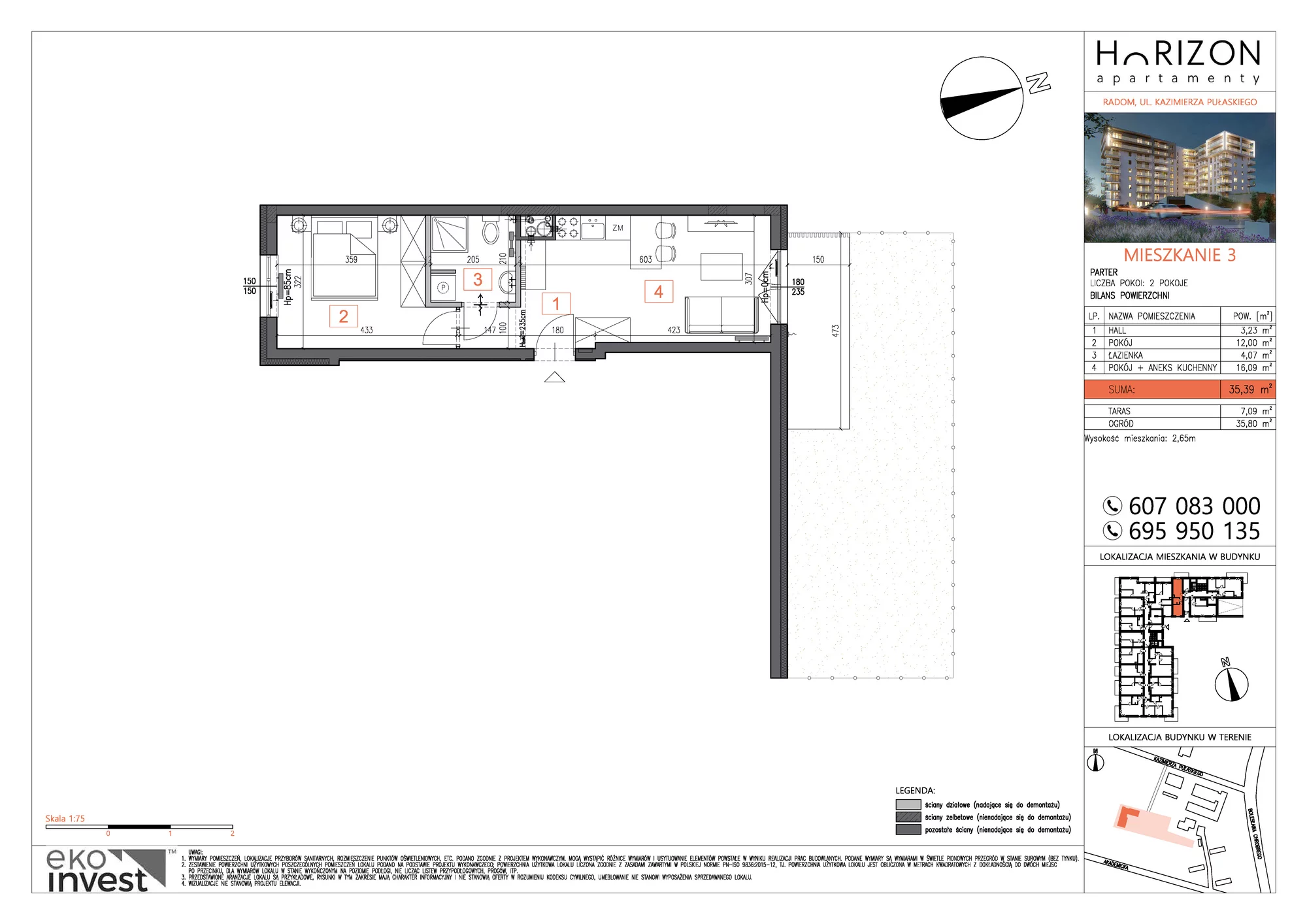 Mieszkanie 35,39 m², parter, oferta nr M3, Horizon Apartamenty, Radom, Akademickie, ul. Kazimierza Pułaskiego / Akademicka