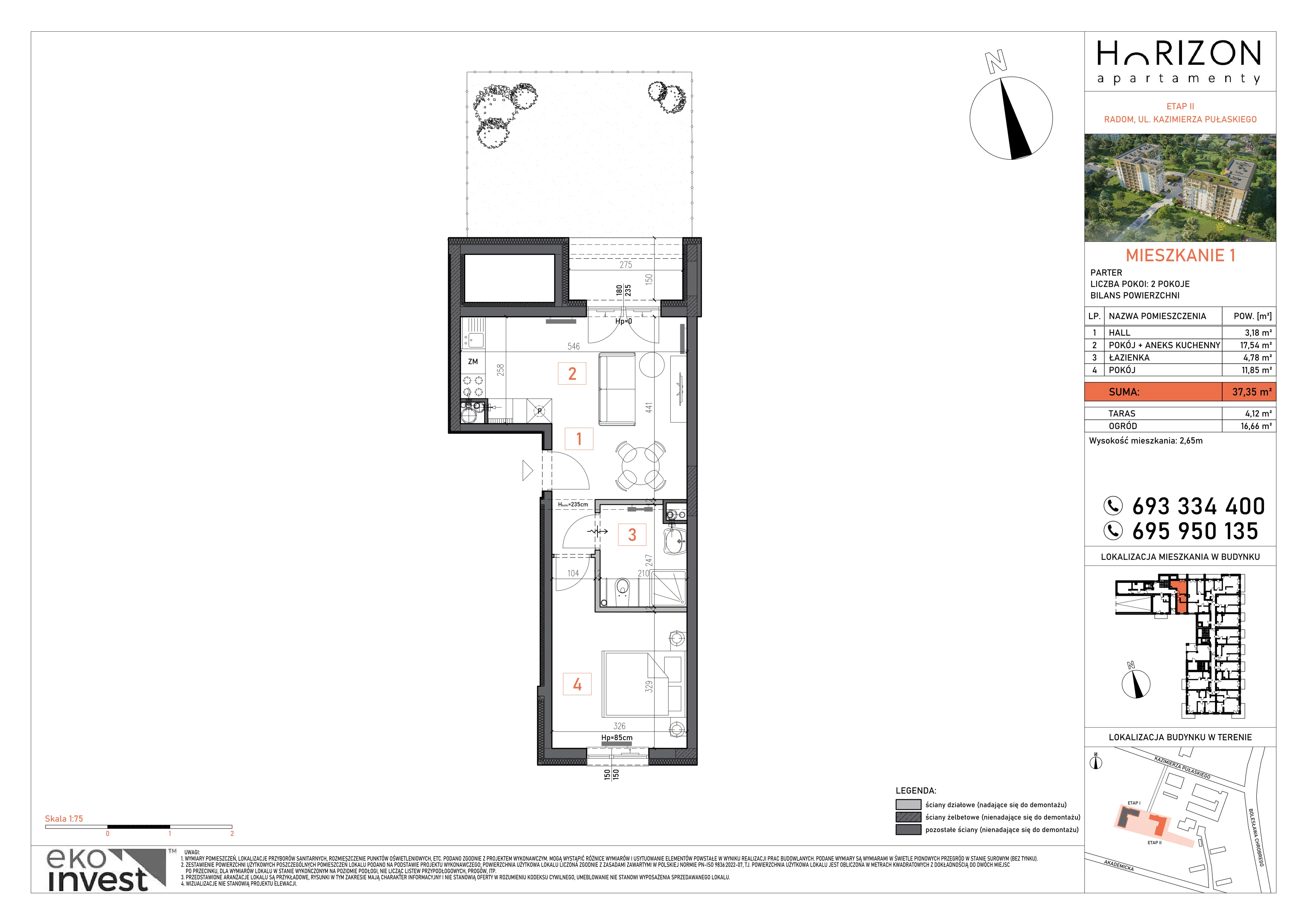 2 pokoje, mieszkanie 37,35 m², parter, oferta nr 1, Apartamenty Horizon II etap, Radom, Akademickie, ul. Kazimierza Pułaskiego / Akademicka