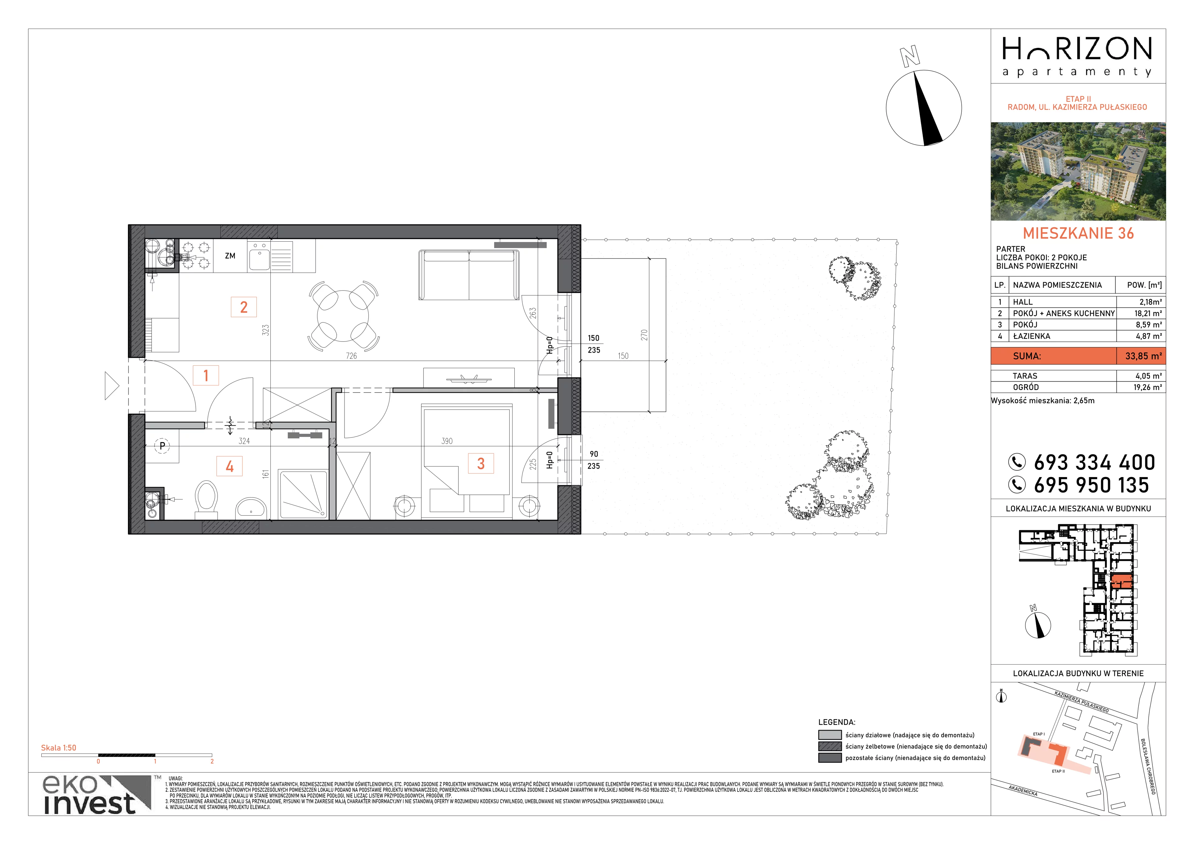 2 pokoje, mieszkanie 33,85 m², parter, oferta nr 36, Apartamenty Horizon II etap, Radom, Akademickie, ul. Kazimierza Pułaskiego / Akademicka