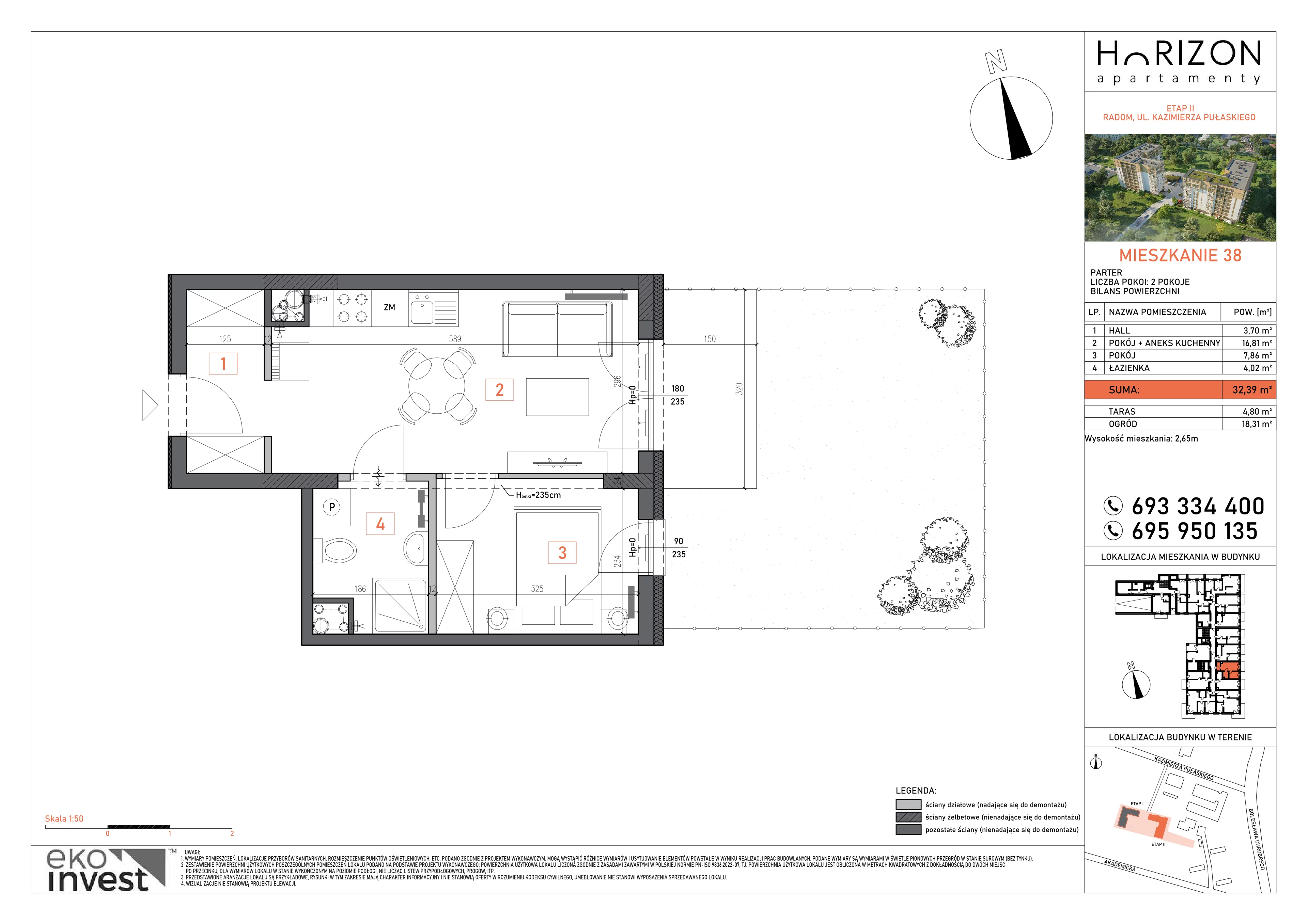2 pokoje, mieszkanie 32,39 m², parter, oferta nr 38, Apartamenty Horizon II etap, Radom, Akademickie, ul. Kazimierza Pułaskiego / Akademicka
