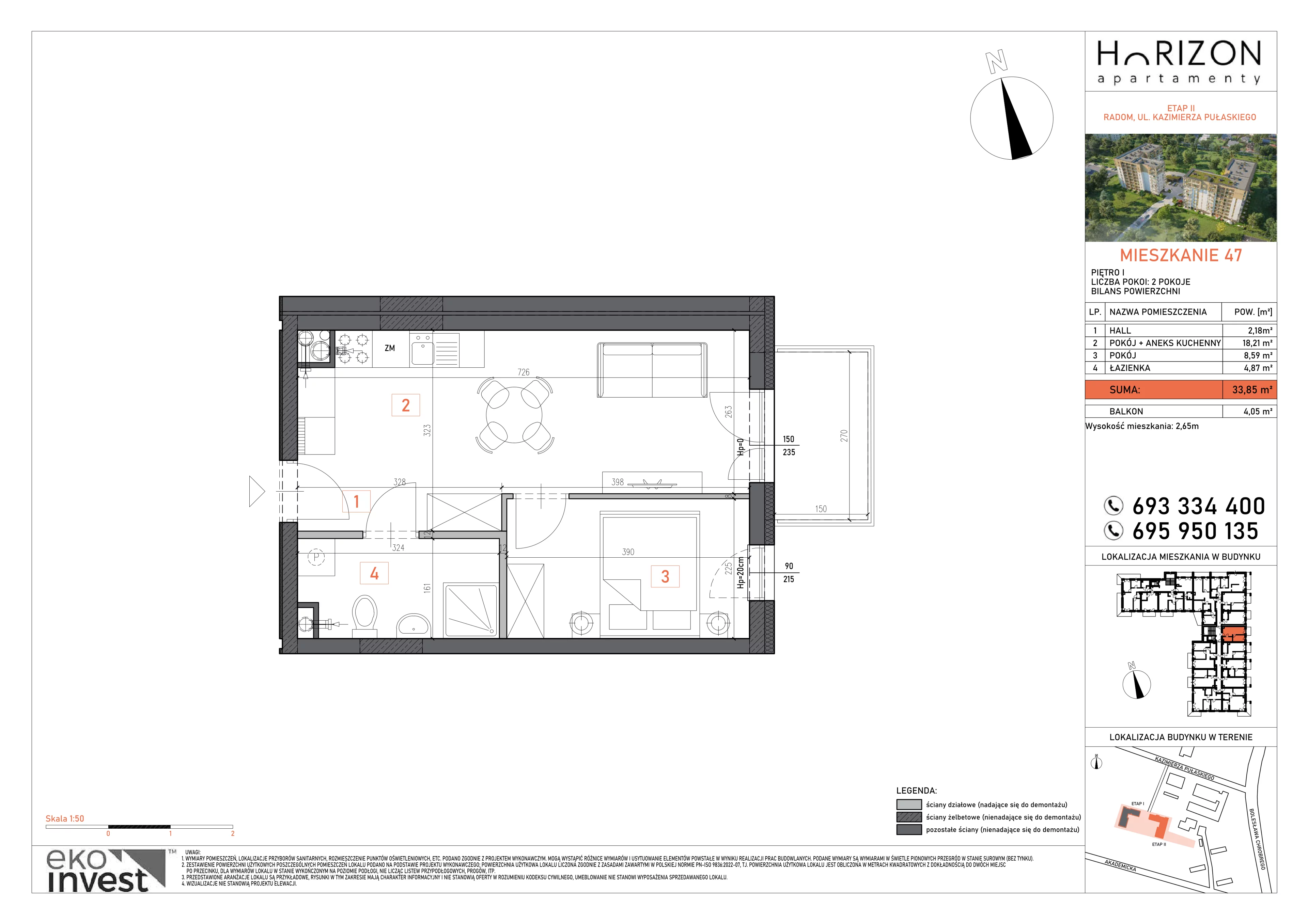 2 pokoje, mieszkanie 33,85 m², piętro 1, oferta nr 47, Apartamenty Horizon II etap, Radom, Akademickie, ul. Kazimierza Pułaskiego / Akademicka