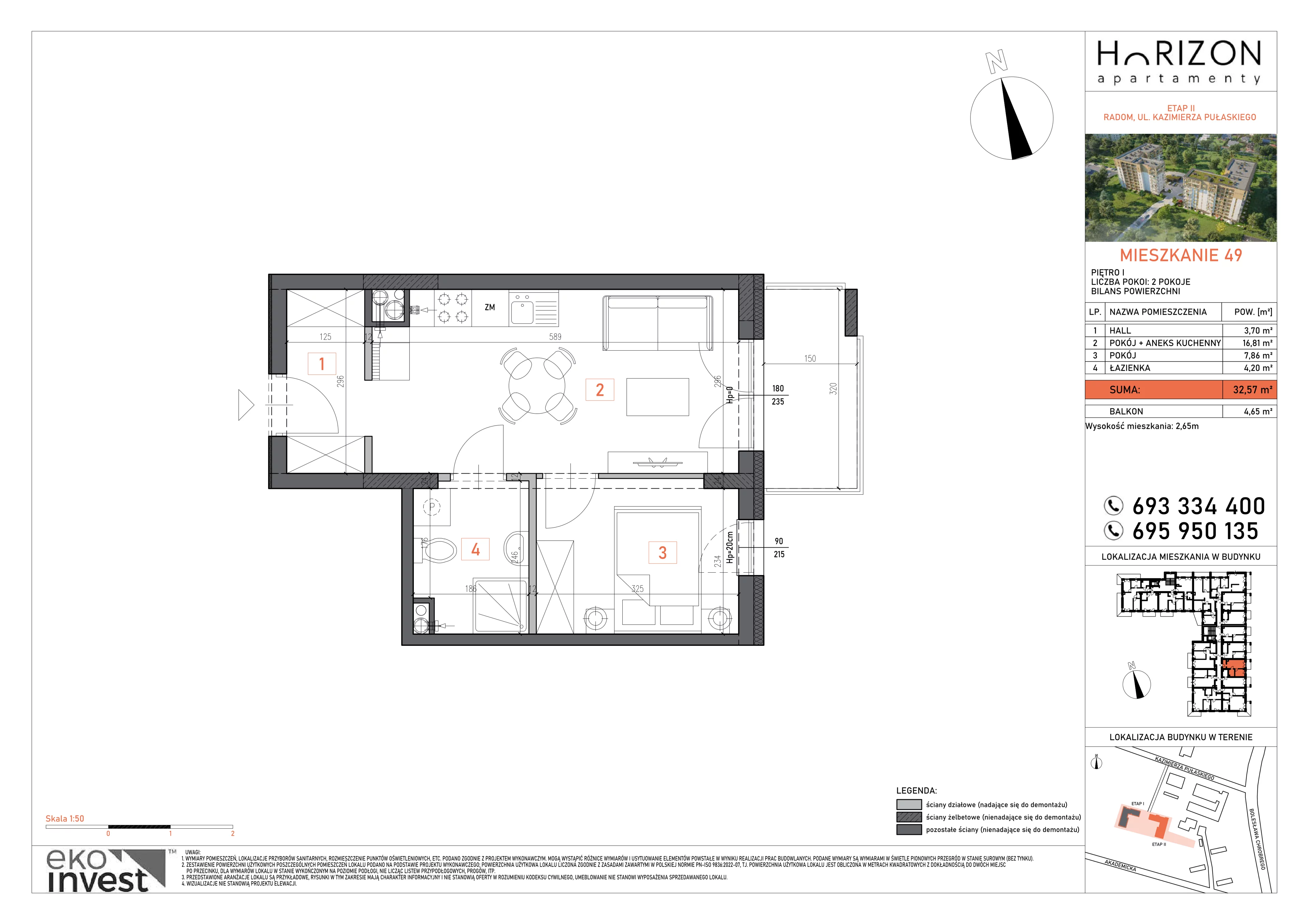 2 pokoje, mieszkanie 32,57 m², piętro 1, oferta nr 49, Apartamenty Horizon II etap, Radom, Akademickie, ul. Kazimierza Pułaskiego / Akademicka