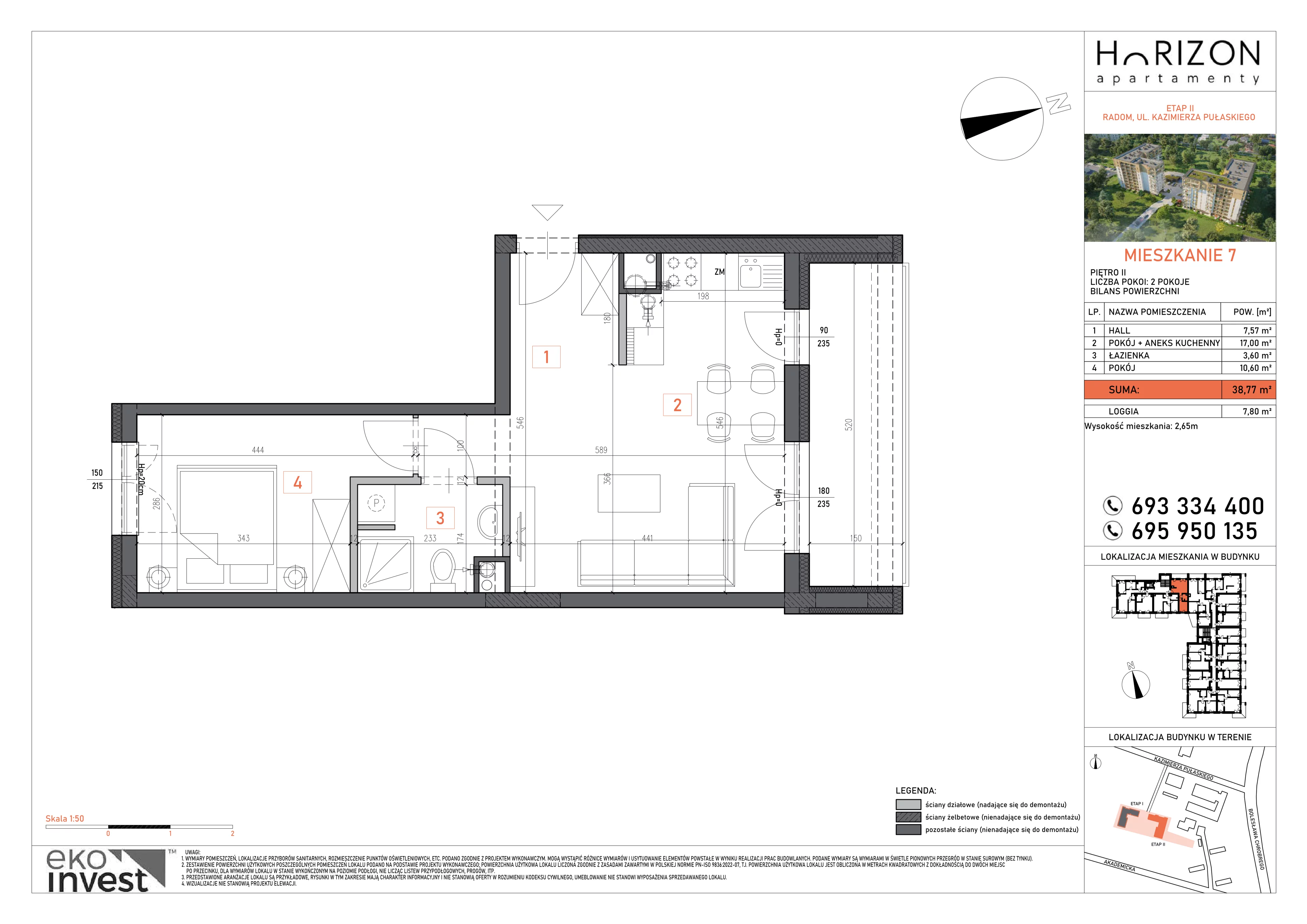 2 pokoje, mieszkanie 38,77 m², piętro 2, oferta nr 7, Apartamenty Horizon II etap, Radom, Akademickie, ul. Kazimierza Pułaskiego / Akademicka