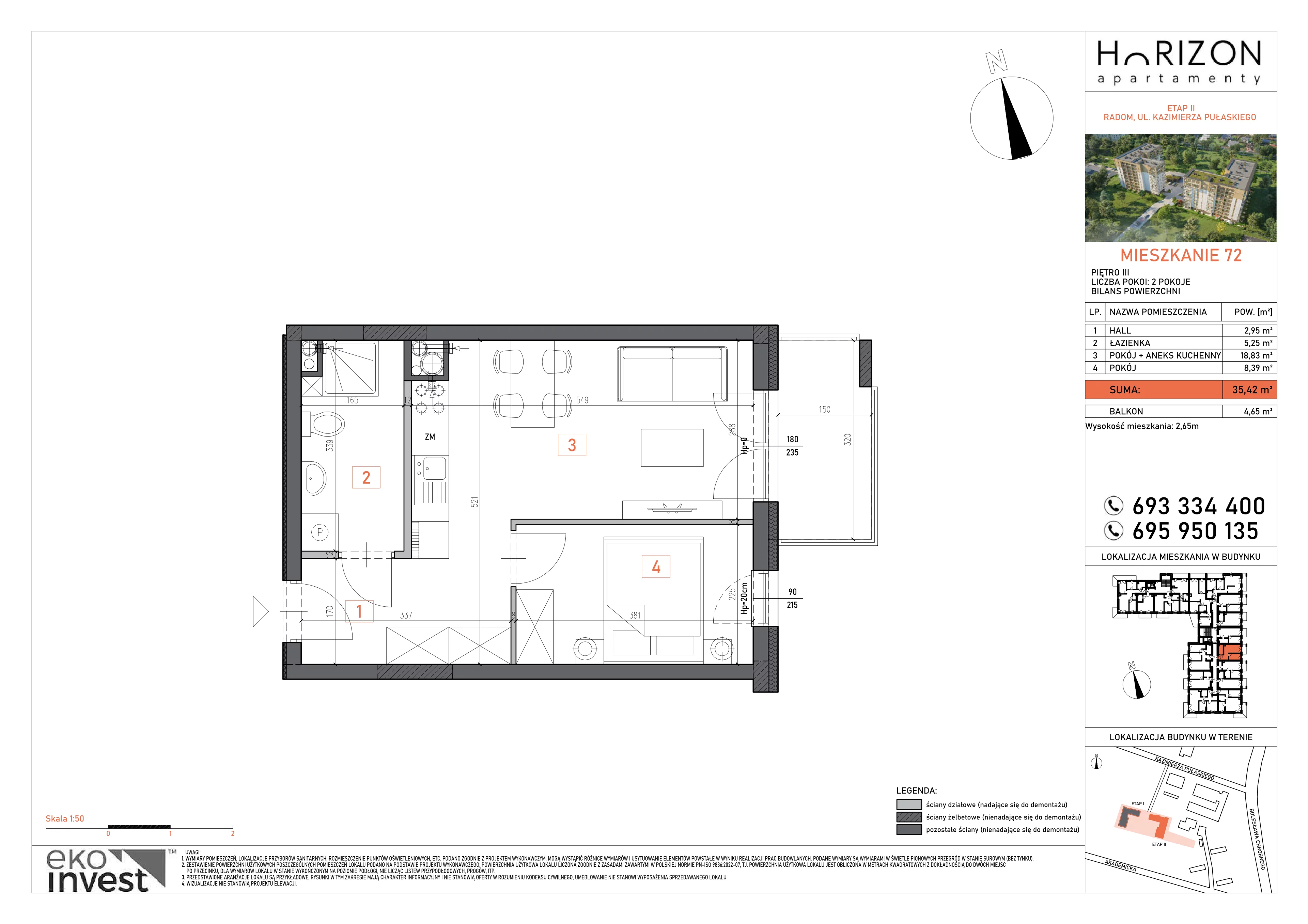 2 pokoje, mieszkanie 35,42 m², piętro 3, oferta nr 72, Apartamenty Horizon II etap, Radom, Akademickie, ul. Kazimierza Pułaskiego / Akademicka