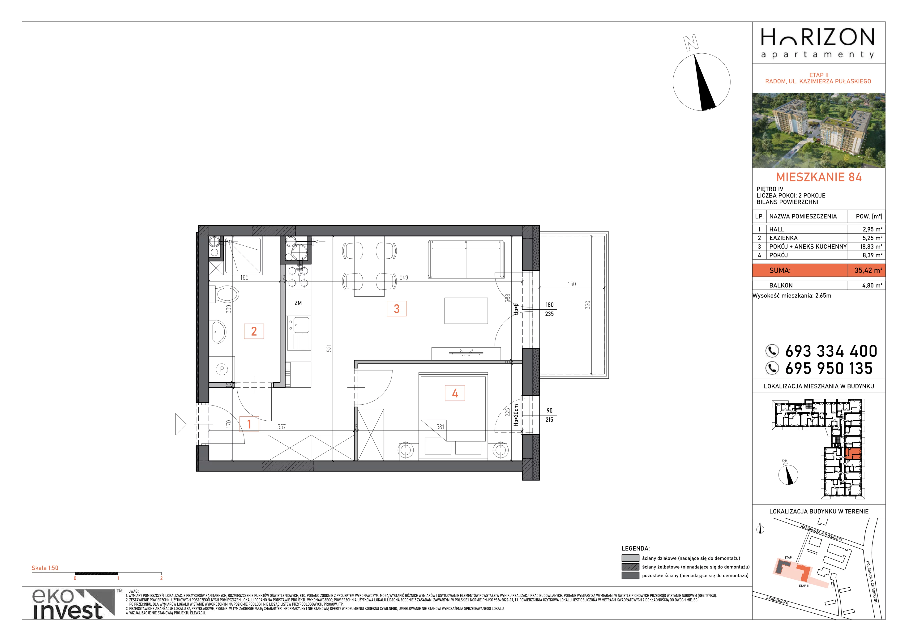 2 pokoje, mieszkanie 35,42 m², piętro 4, oferta nr 84, Apartamenty Horizon II etap, Radom, Akademickie, ul. Kazimierza Pułaskiego / Akademicka