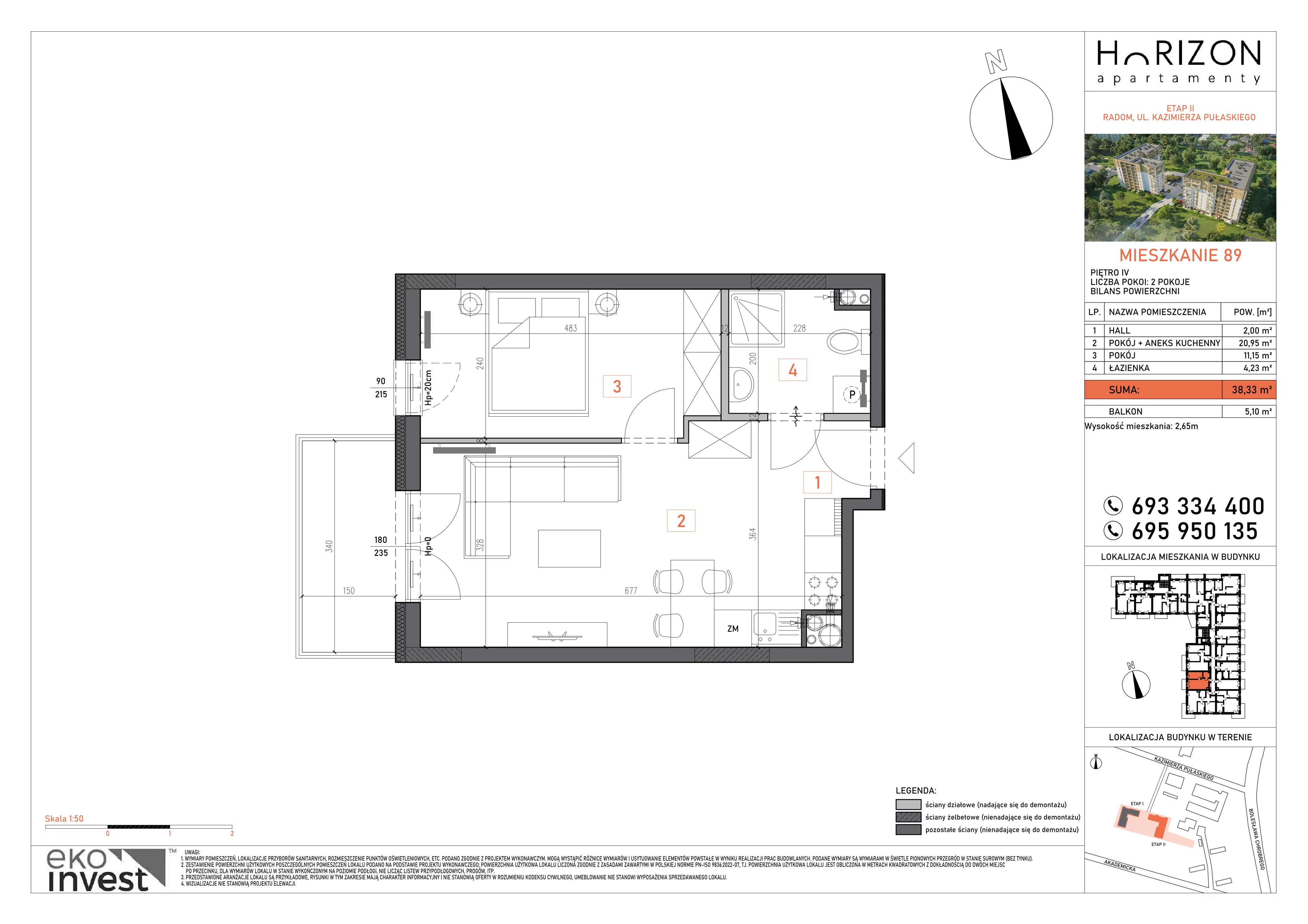 2 pokoje, mieszkanie 38,33 m², piętro 4, oferta nr 89, Apartamenty Horizon II etap, Radom, Akademickie, ul. Kazimierza Pułaskiego / Akademicka