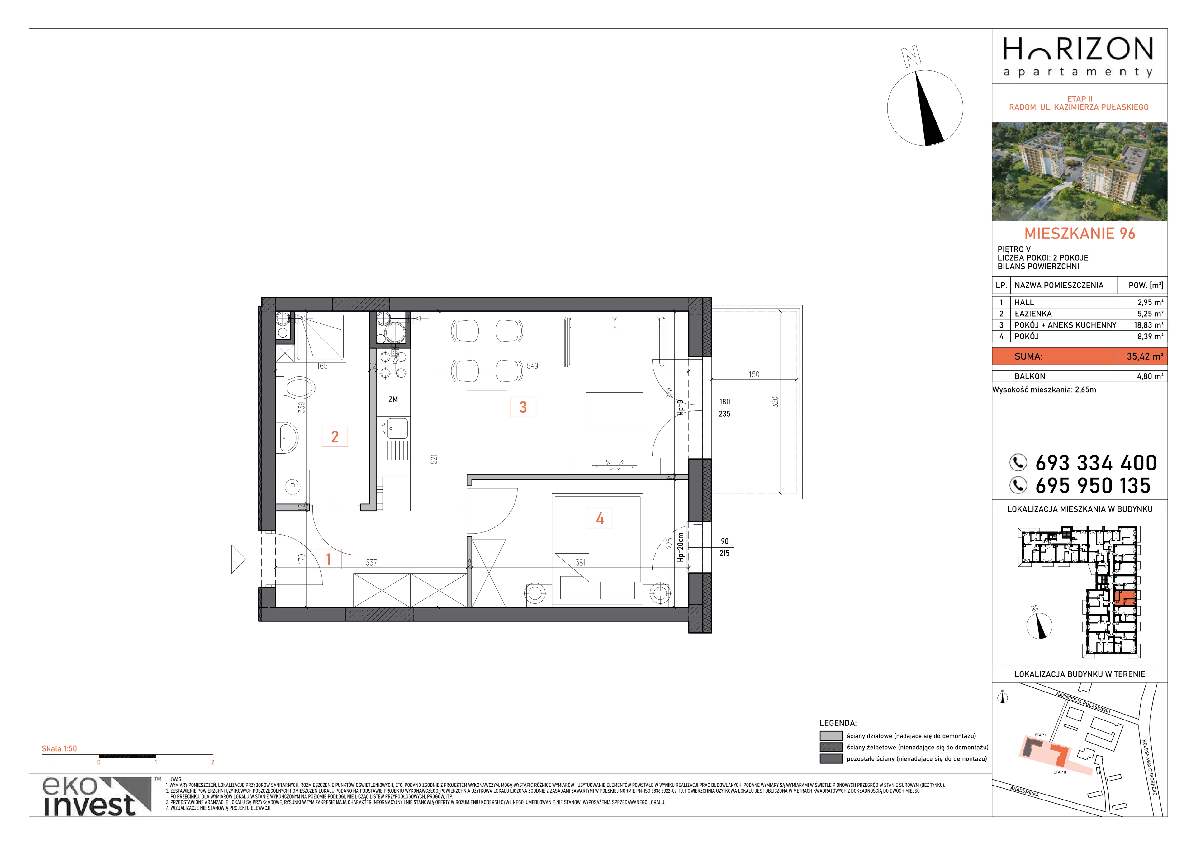 2 pokoje, mieszkanie 35,42 m², piętro 5, oferta nr 96, Apartamenty Horizon II etap, Radom, Akademickie, ul. Kazimierza Pułaskiego / Akademicka
