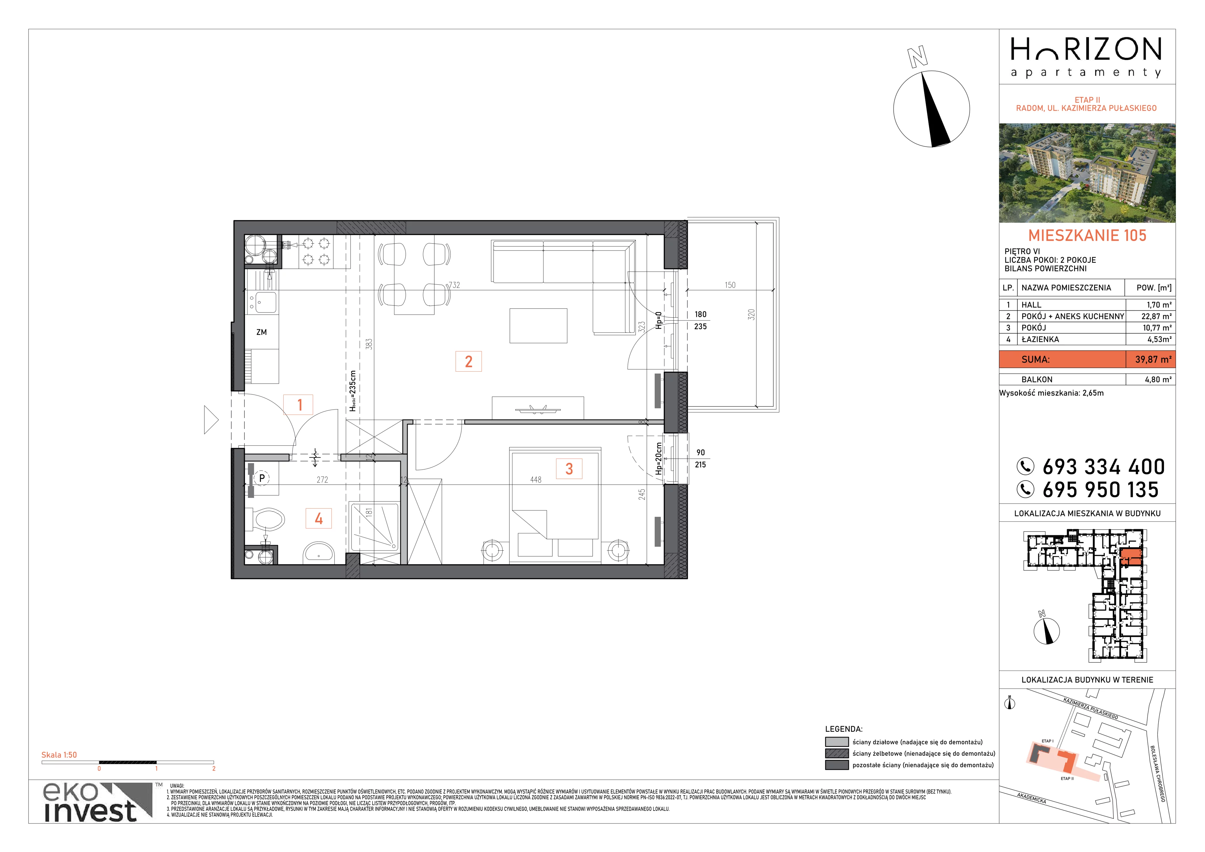 2 pokoje, mieszkanie 39,87 m², piętro 6, oferta nr 105, Apartamenty Horizon II etap, Radom, Akademickie, ul. Kazimierza Pułaskiego / Akademicka