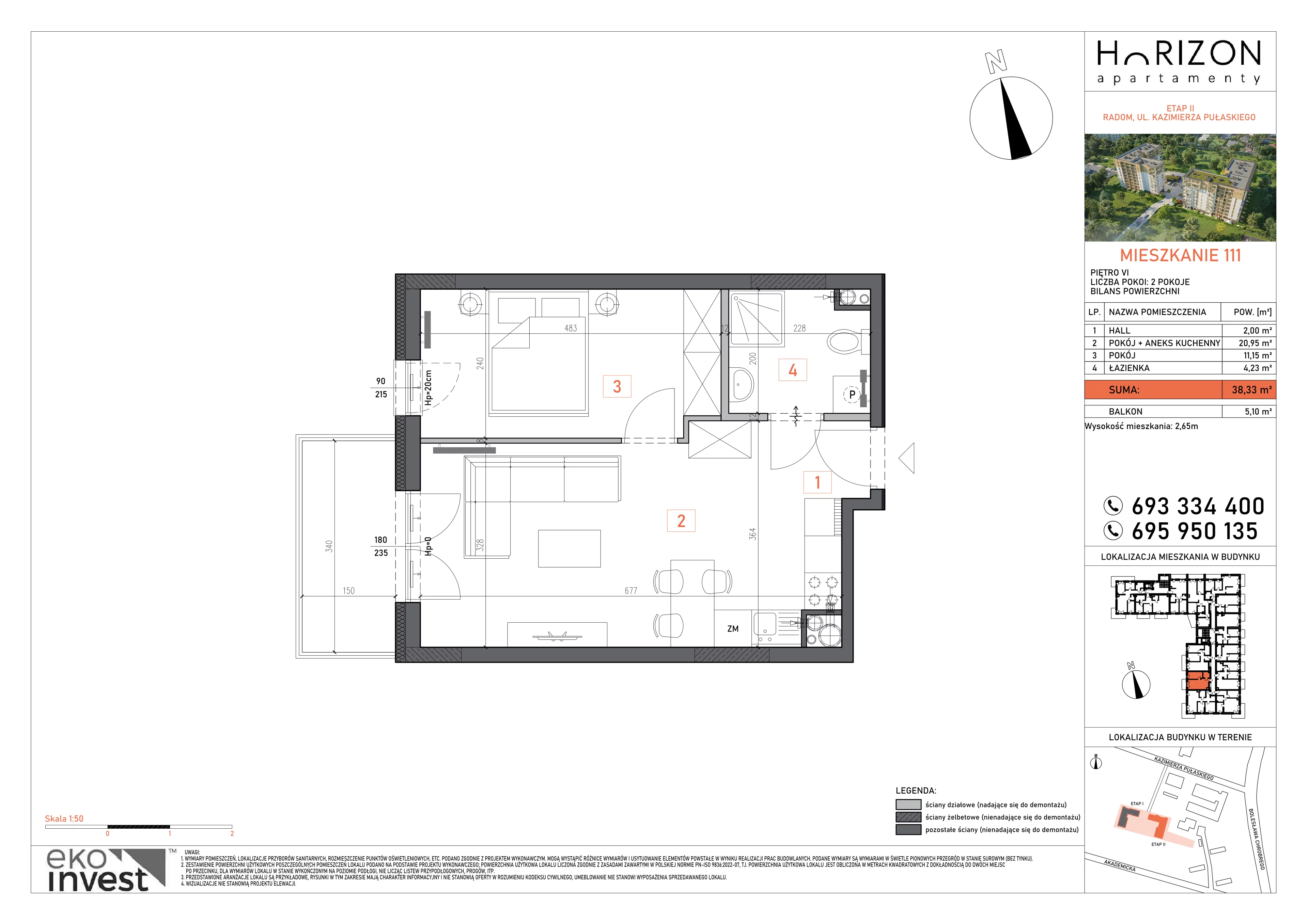 2 pokoje, mieszkanie 38,33 m², piętro 6, oferta nr 111, Apartamenty Horizon II etap, Radom, Akademickie, ul. Kazimierza Pułaskiego / Akademicka
