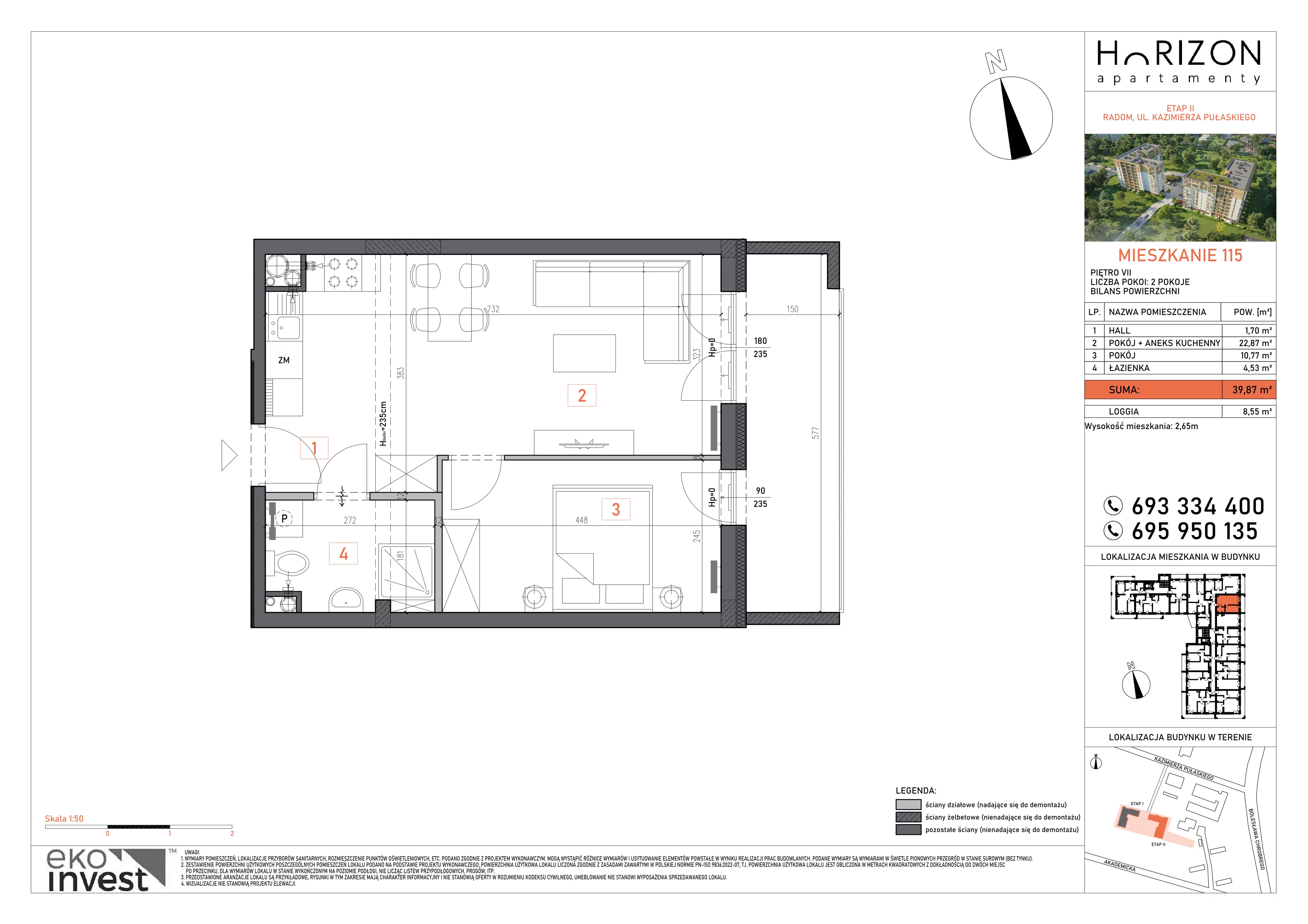 2 pokoje, mieszkanie 39,87 m², piętro 7, oferta nr 115, Apartamenty Horizon II etap, Radom, Akademickie, ul. Kazimierza Pułaskiego / Akademicka