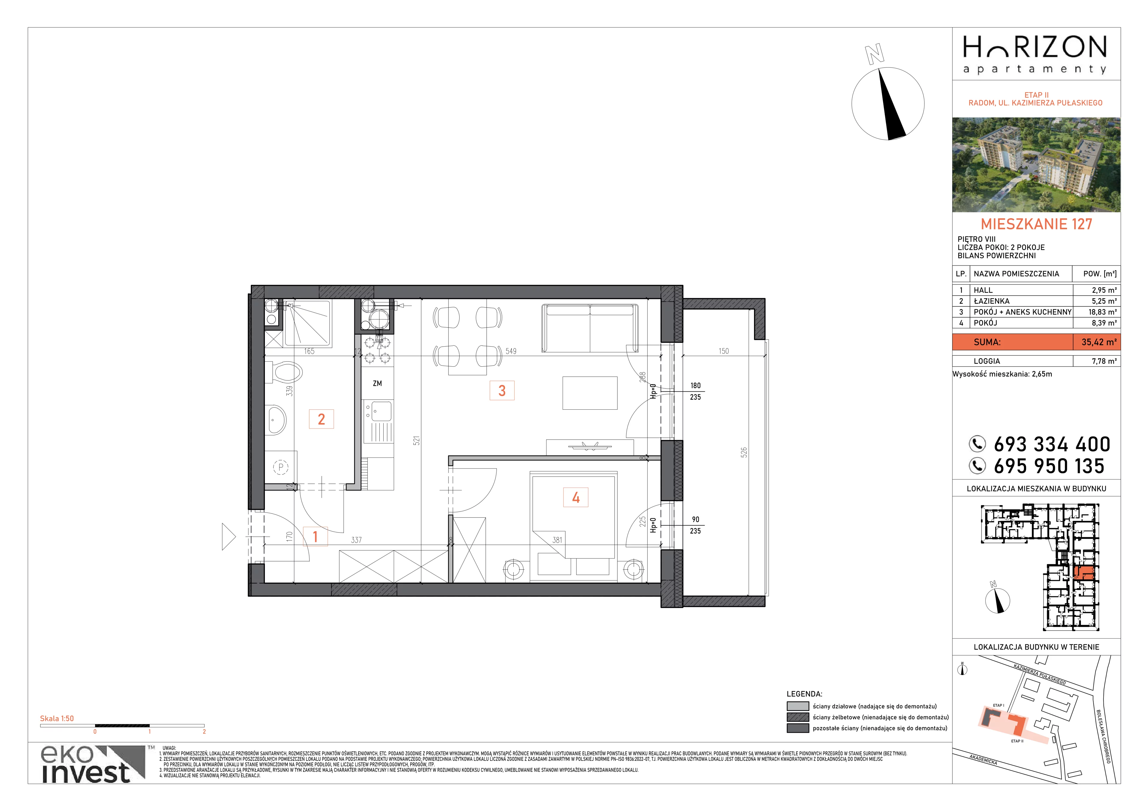 2 pokoje, mieszkanie 35,42 m², piętro 8, oferta nr 127, Apartamenty Horizon II etap, Radom, Akademickie, ul. Kazimierza Pułaskiego / Akademicka