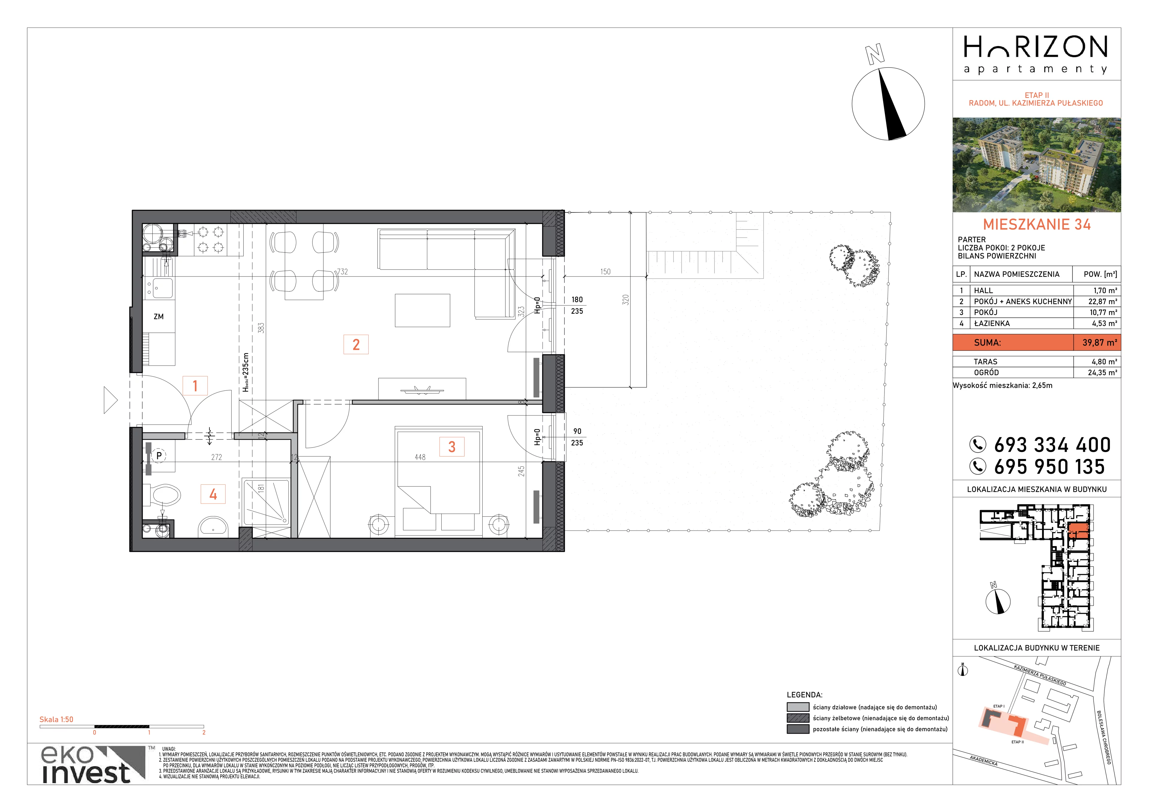 2 pokoje, mieszkanie 39,87 m², parter, oferta nr 34, Apartamenty Horizon II etap, Radom, Akademickie, ul. Kazimierza Pułaskiego / Akademicka