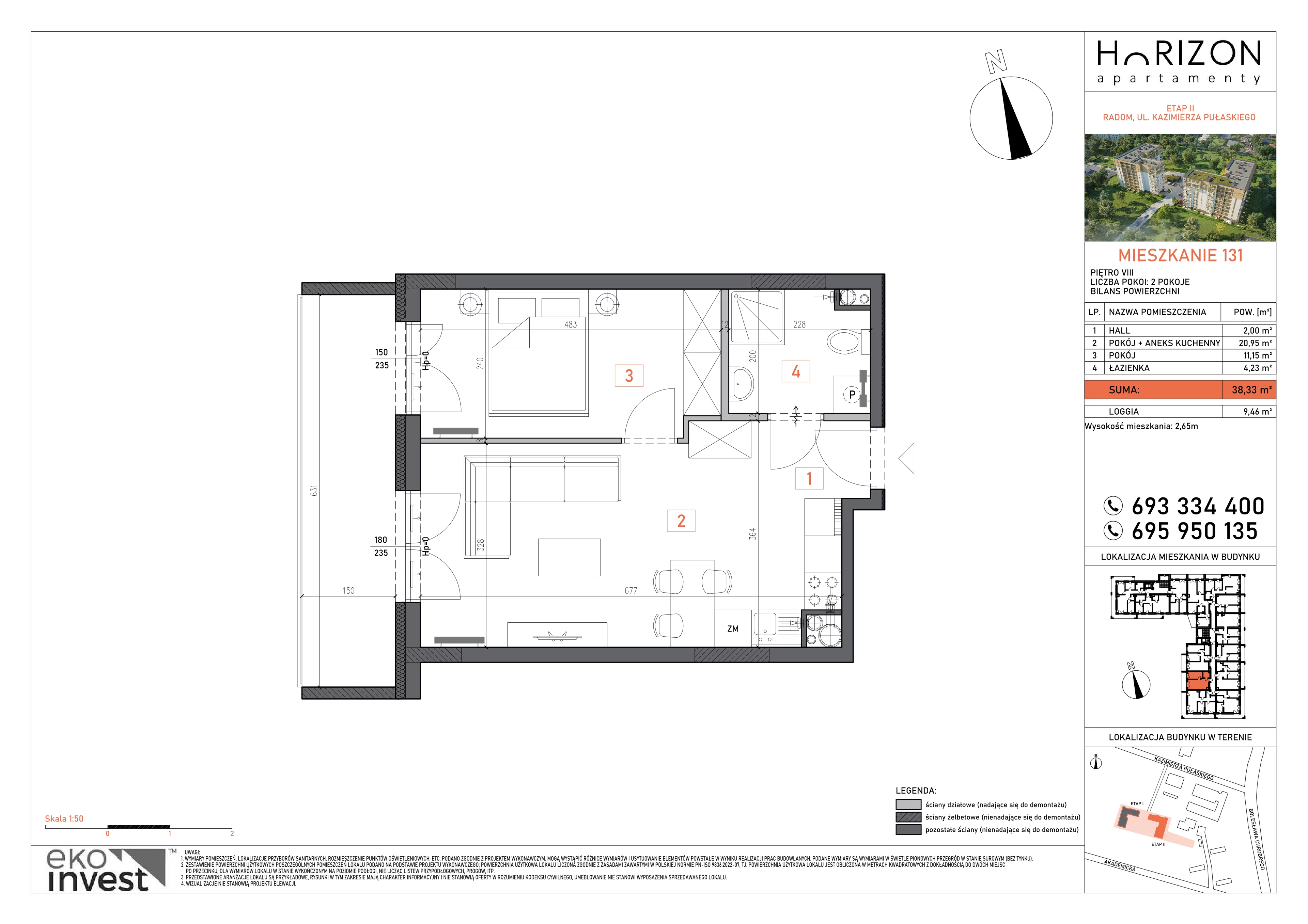 2 pokoje, mieszkanie 38,33 m², piętro 8, oferta nr 131, Apartamenty Horizon II etap, Radom, Akademickie, ul. Kazimierza Pułaskiego / Akademicka
