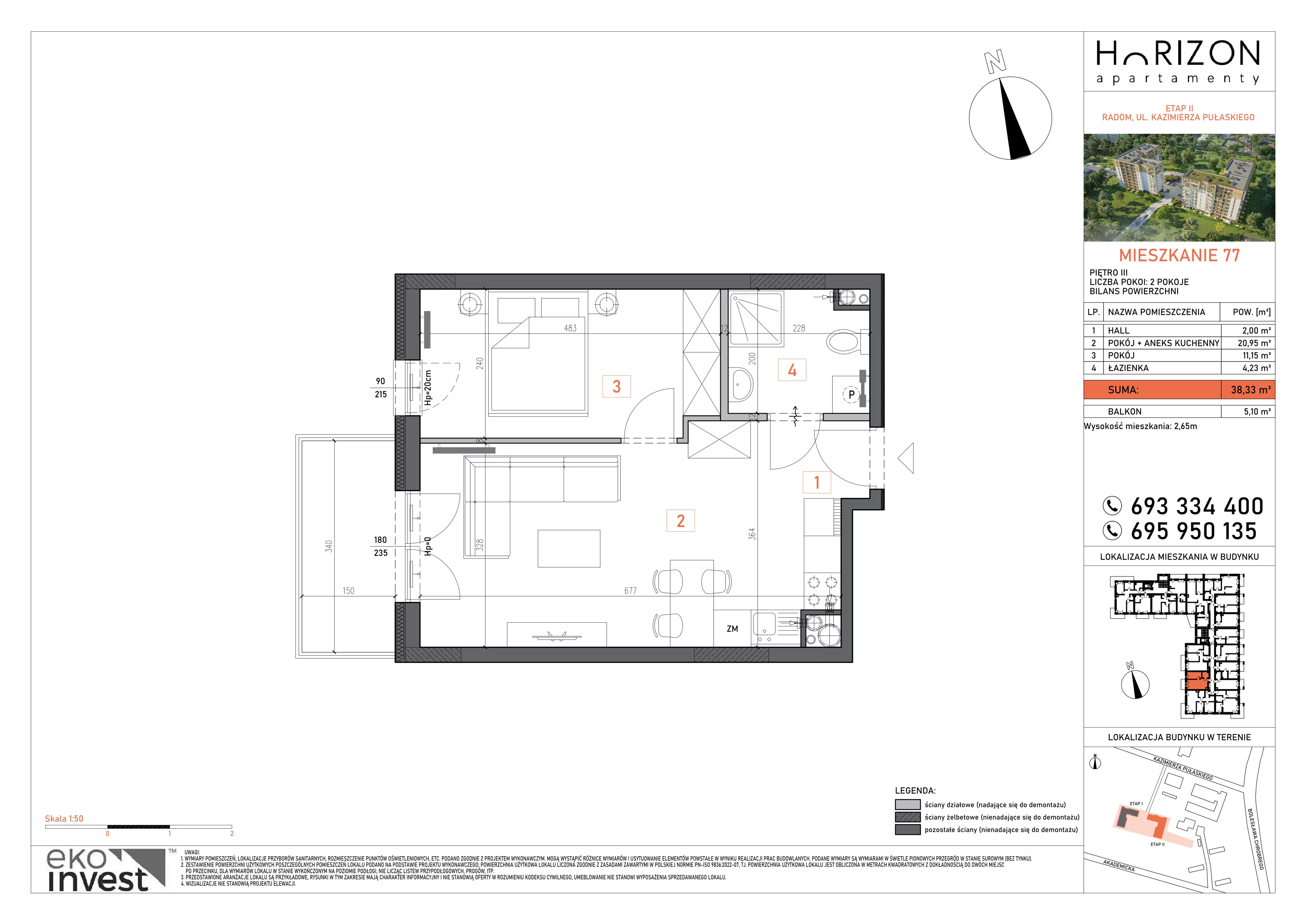 2 pokoje, mieszkanie 38,33 m², piętro 3, oferta nr 77, Apartamenty Horizon II etap, Radom, Akademickie, ul. Kazimierza Pułaskiego / Akademicka