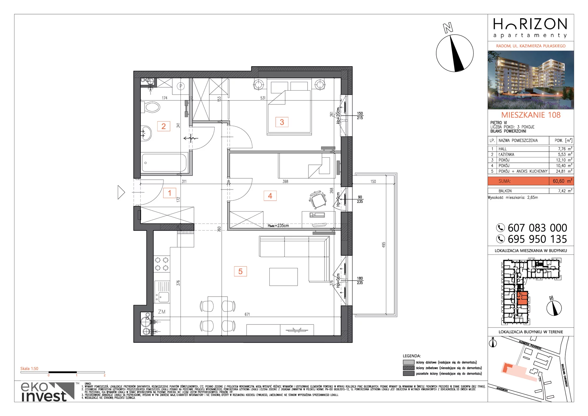 Mieszkanie 60,60 m², piętro 6, oferta nr M108, Horizon Apartamenty, Radom, Akademickie, ul. Kazimierza Pułaskiego / Akademicka