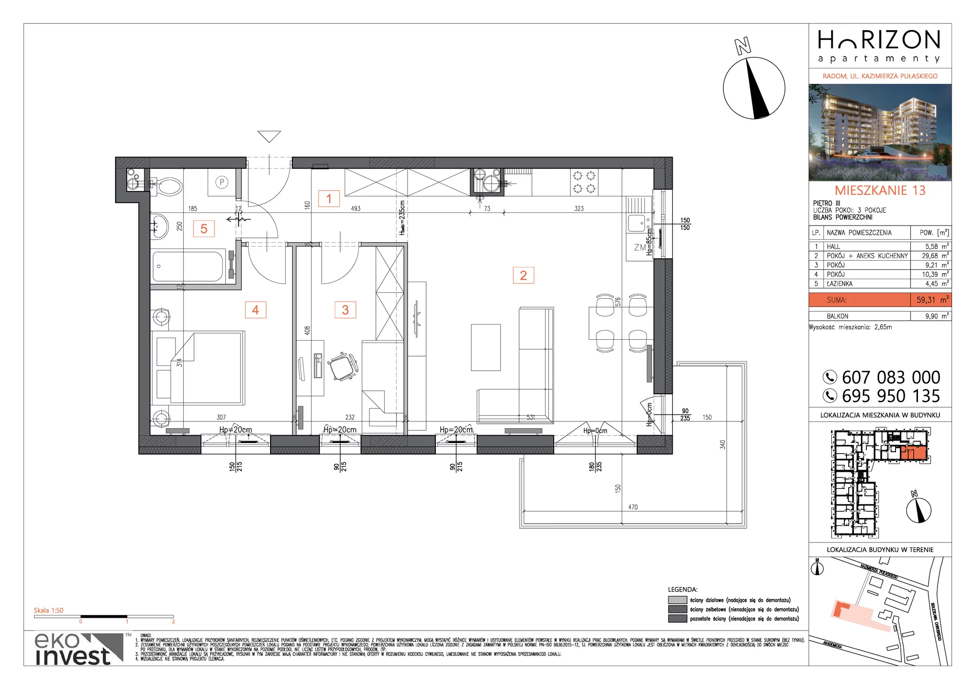 Mieszkanie 59,31 m², piętro 3, oferta nr M13, Horizon Apartamenty, Radom, Akademickie, ul. Kazimierza Pułaskiego / Akademicka