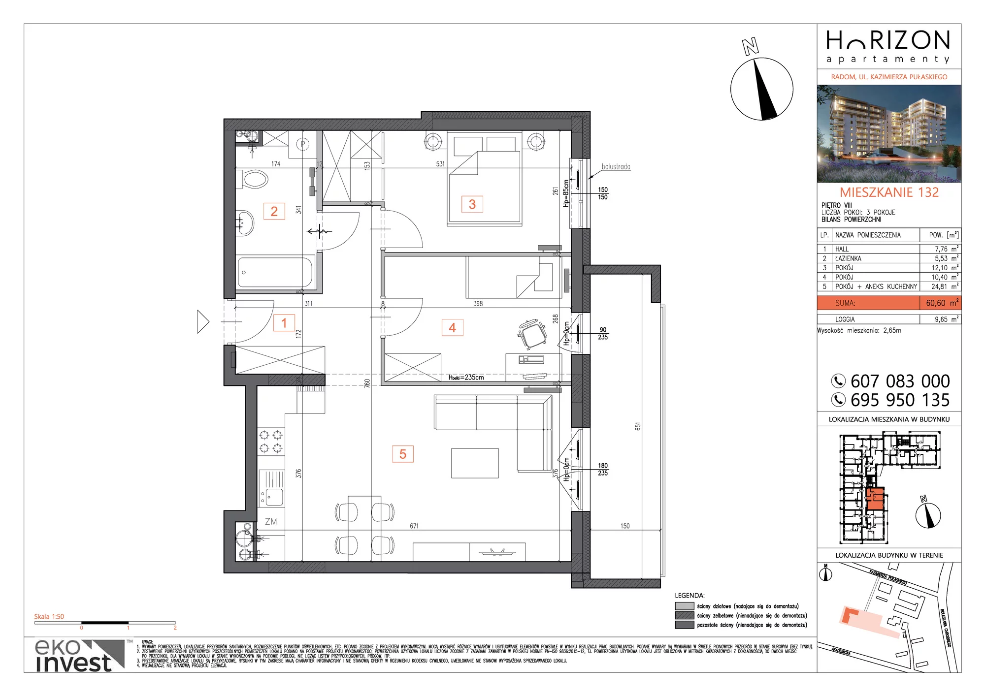 Mieszkanie 60,60 m², piętro 8, oferta nr M132, Horizon Apartamenty, Radom, Akademickie, ul. Kazimierza Pułaskiego / Akademicka