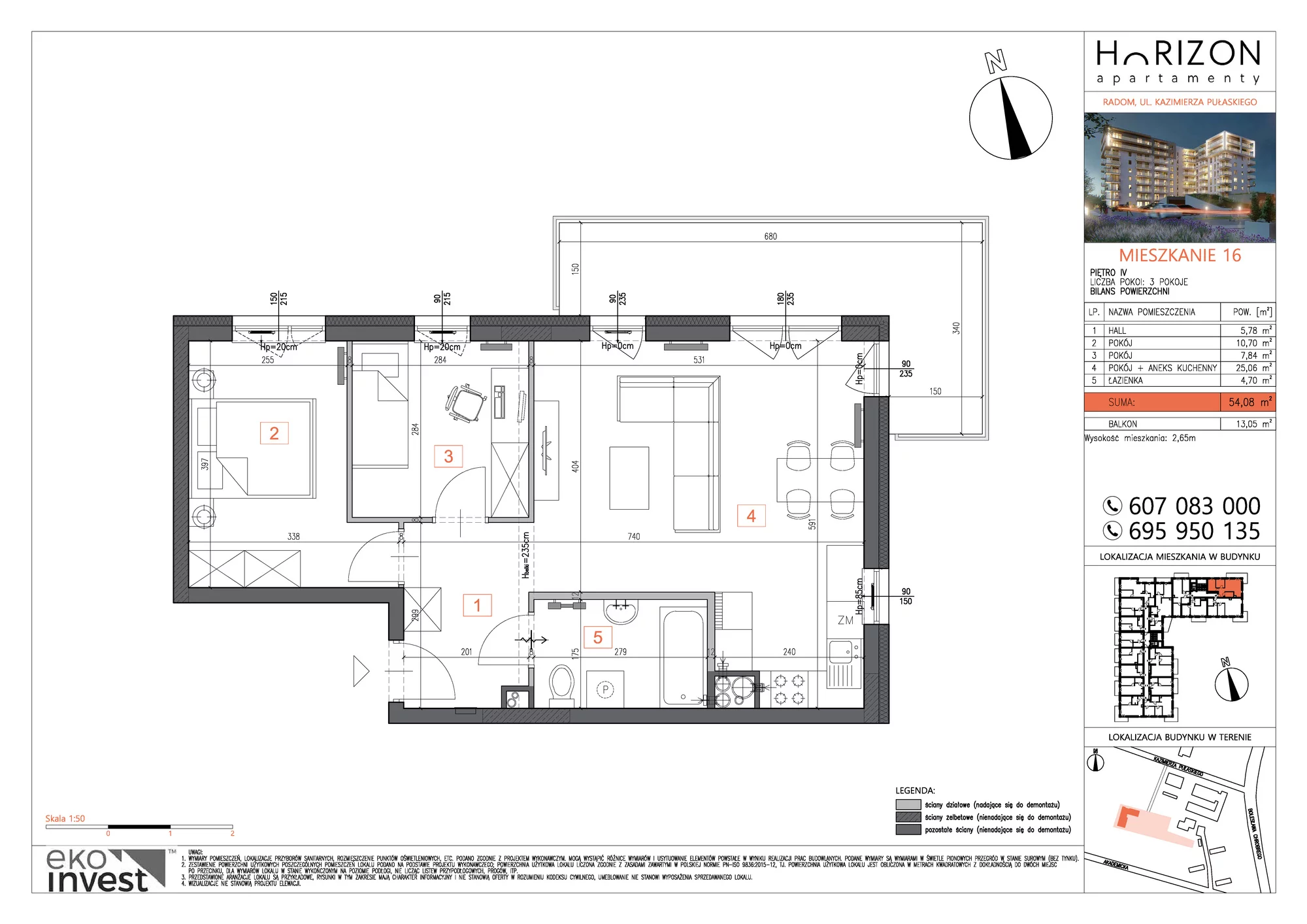 Mieszkanie 54,08 m², piętro 4, oferta nr M16, Horizon Apartamenty, Radom, Akademickie, ul. Kazimierza Pułaskiego / Akademicka