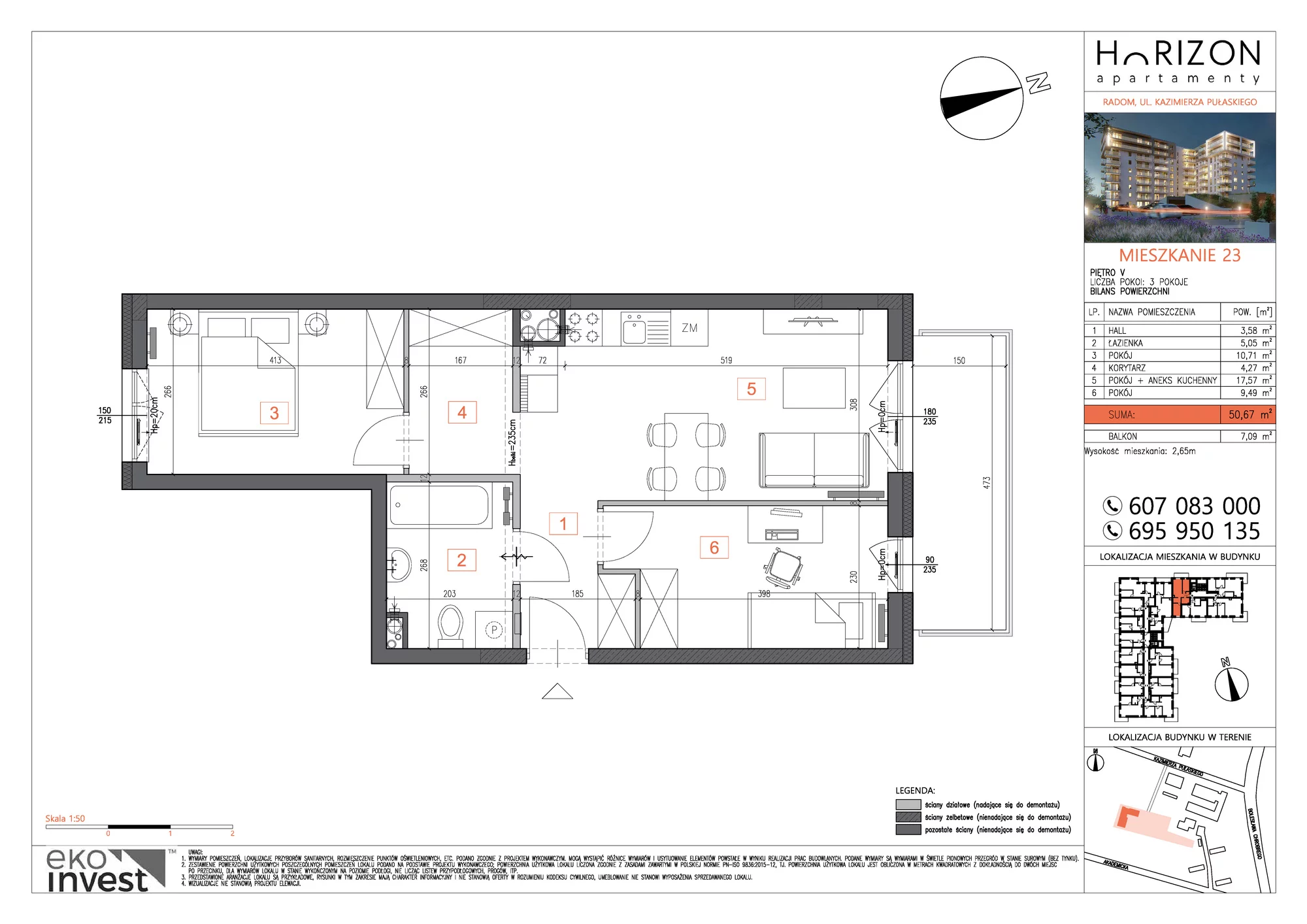 Mieszkanie 50,67 m², piętro 5, oferta nr M23, Horizon Apartamenty, Radom, Akademickie, ul. Kazimierza Pułaskiego / Akademicka