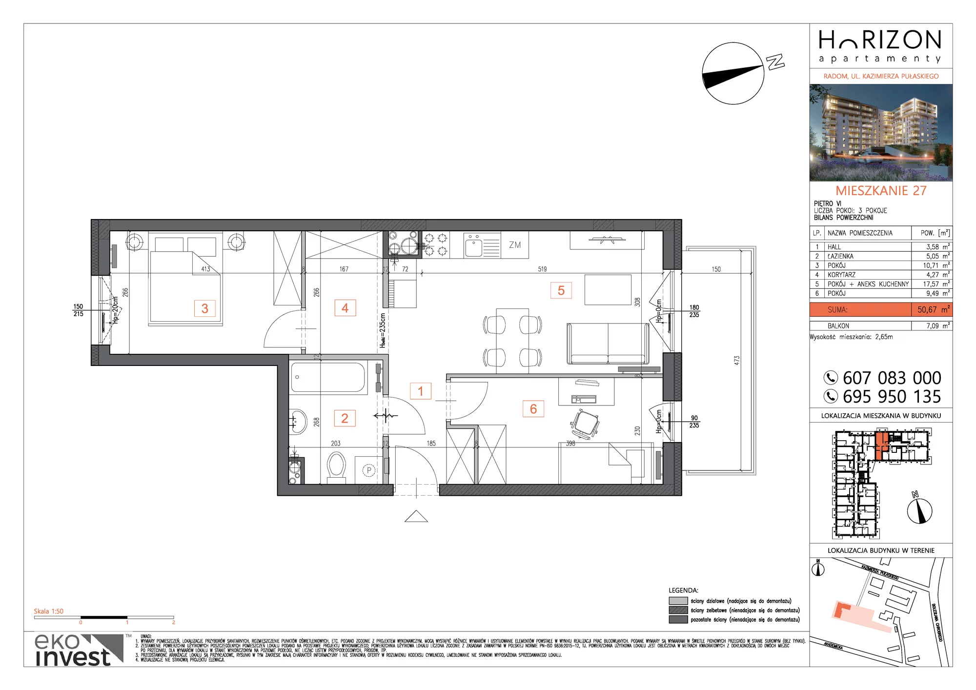 Mieszkanie 50,67 m², piętro 6, oferta nr M27, Horizon Apartamenty, Radom, Akademickie, ul. Kazimierza Pułaskiego / Akademicka