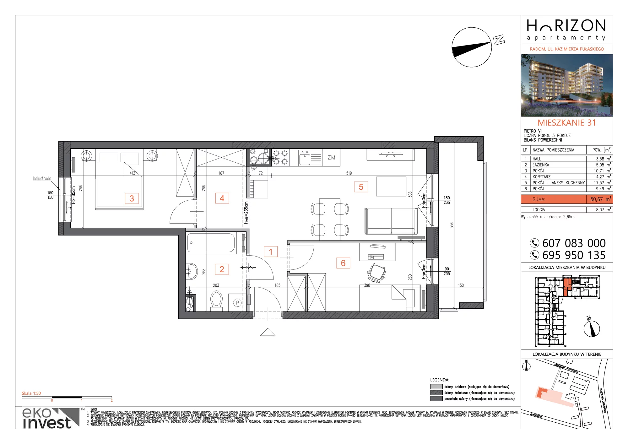 Mieszkanie 50,67 m², piętro 7, oferta nr M31, Horizon Apartamenty, Radom, Akademickie, ul. Kazimierza Pułaskiego / Akademicka