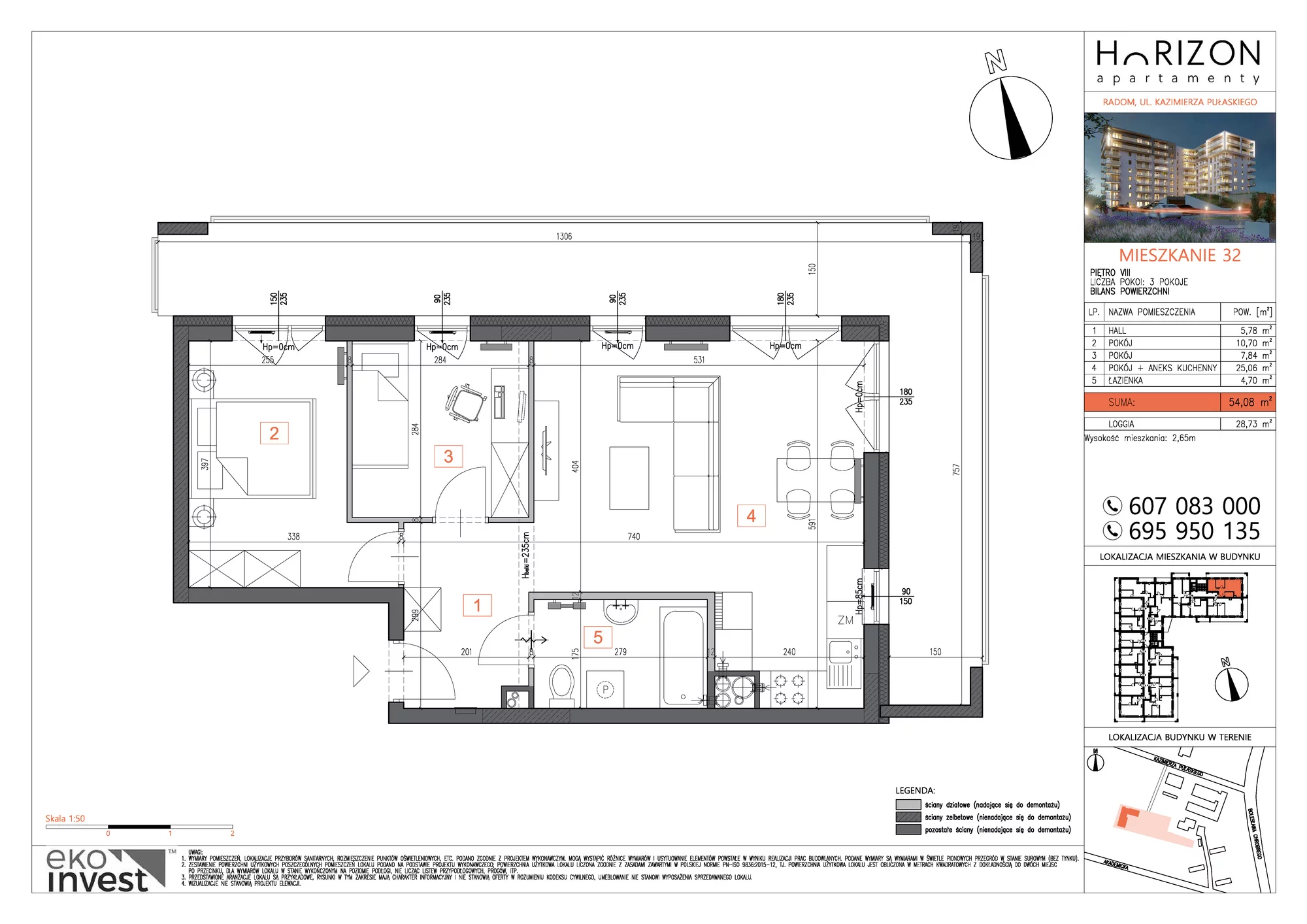 Mieszkanie 54,08 m², piętro 8, oferta nr M32, Horizon Apartamenty, Radom, Akademickie, ul. Kazimierza Pułaskiego / Akademicka