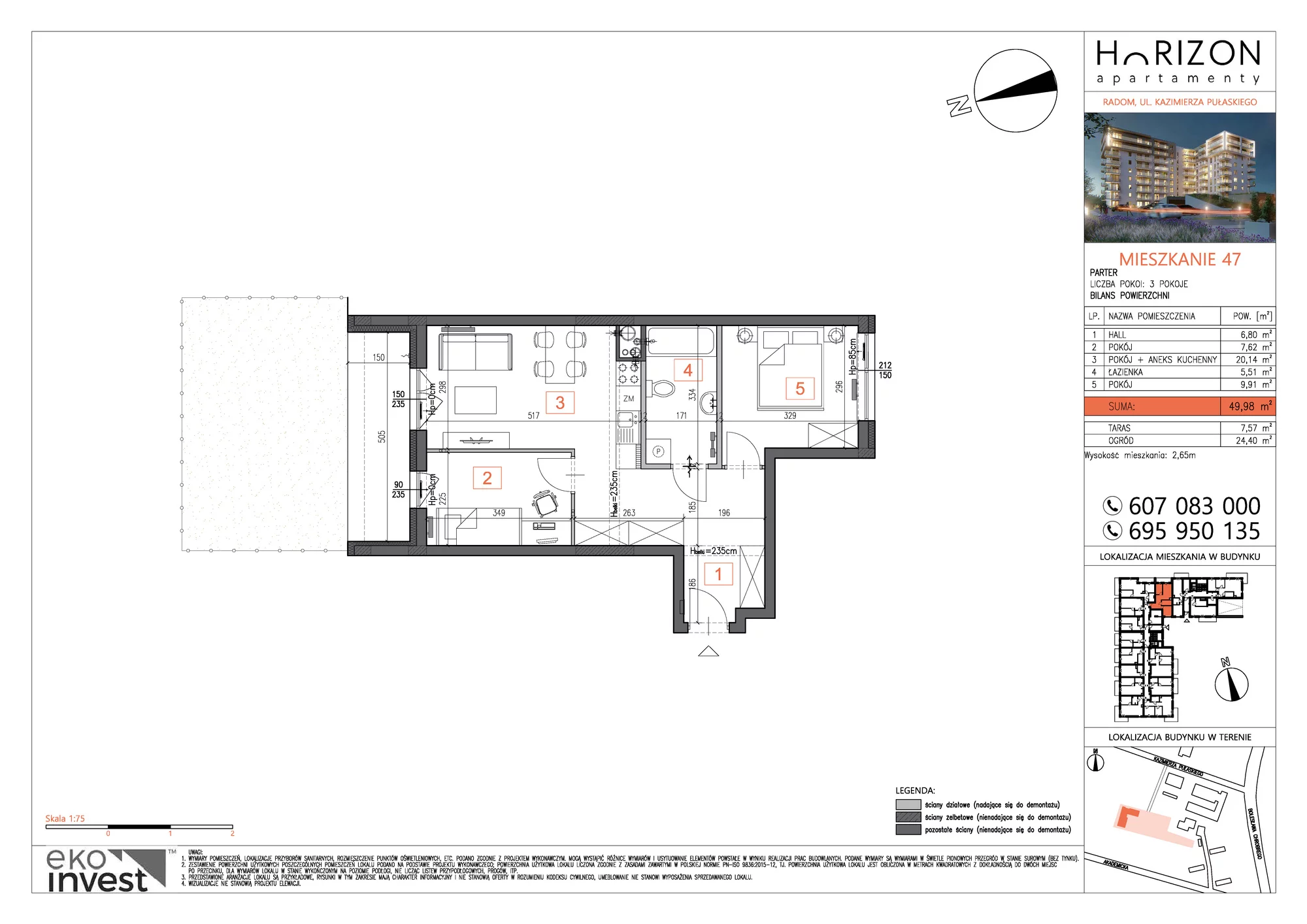 Mieszkanie 49,98 m², parter, oferta nr M47, Horizon Apartamenty, Radom, Akademickie, ul. Kazimierza Pułaskiego / Akademicka