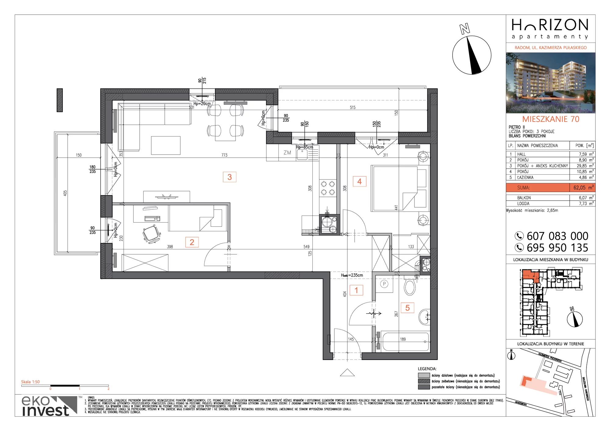 Mieszkanie 62,05 m², piętro 2, oferta nr M70, Horizon Apartamenty, Radom, Akademickie, ul. Kazimierza Pułaskiego / Akademicka