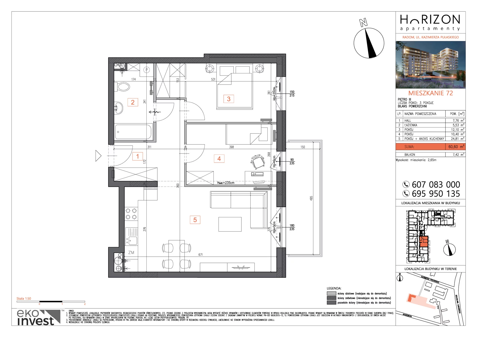 Mieszkanie 60,60 m², piętro 3, oferta nr M72, Horizon Apartamenty, Radom, Akademickie, ul. Kazimierza Pułaskiego / Akademicka