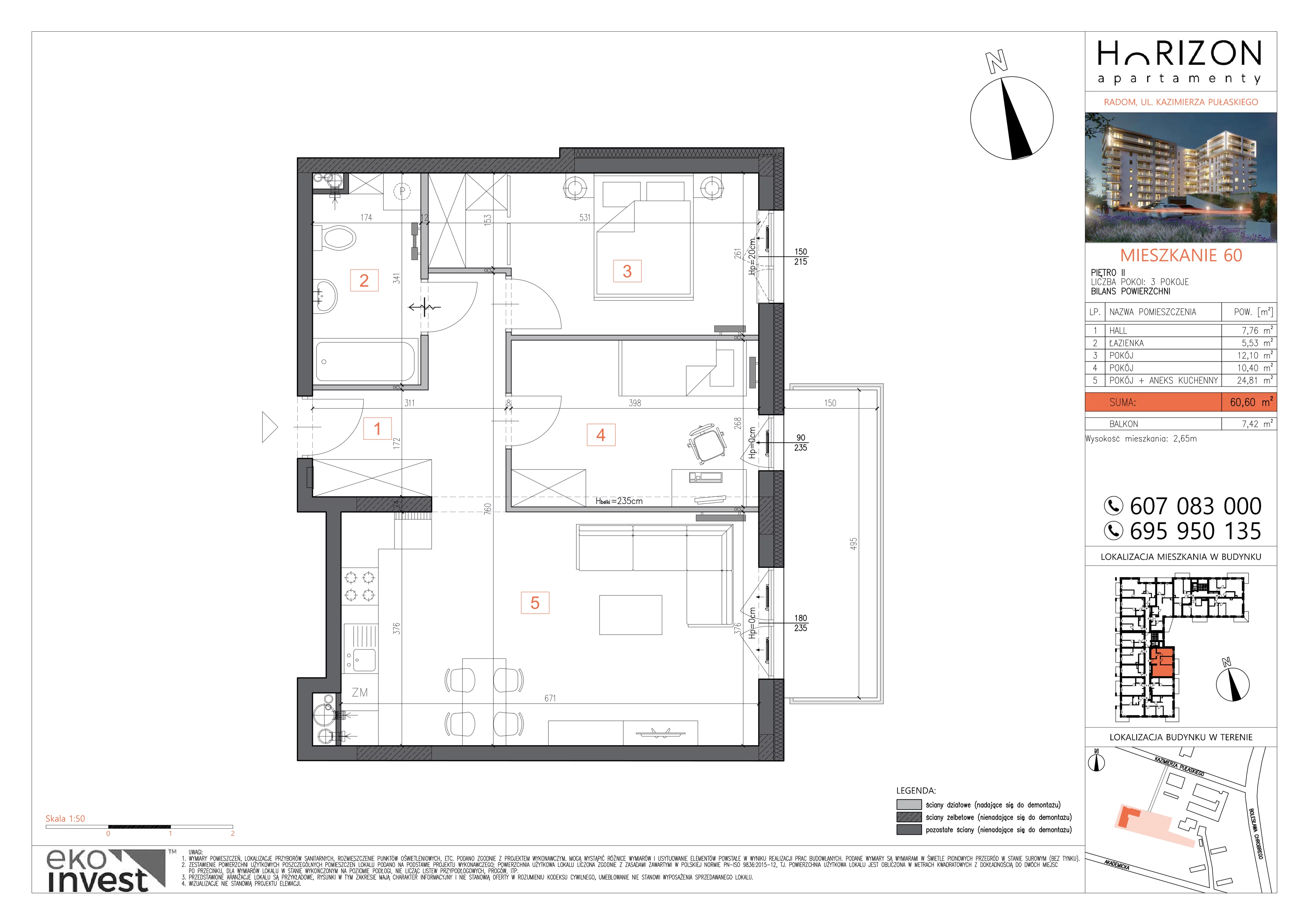 3 pokoje, mieszkanie 60,60 m², piętro 2, oferta nr M60, Horizon Apartamenty, Radom, Akademickie, ul. Kazimierza Pułaskiego / Akademicka