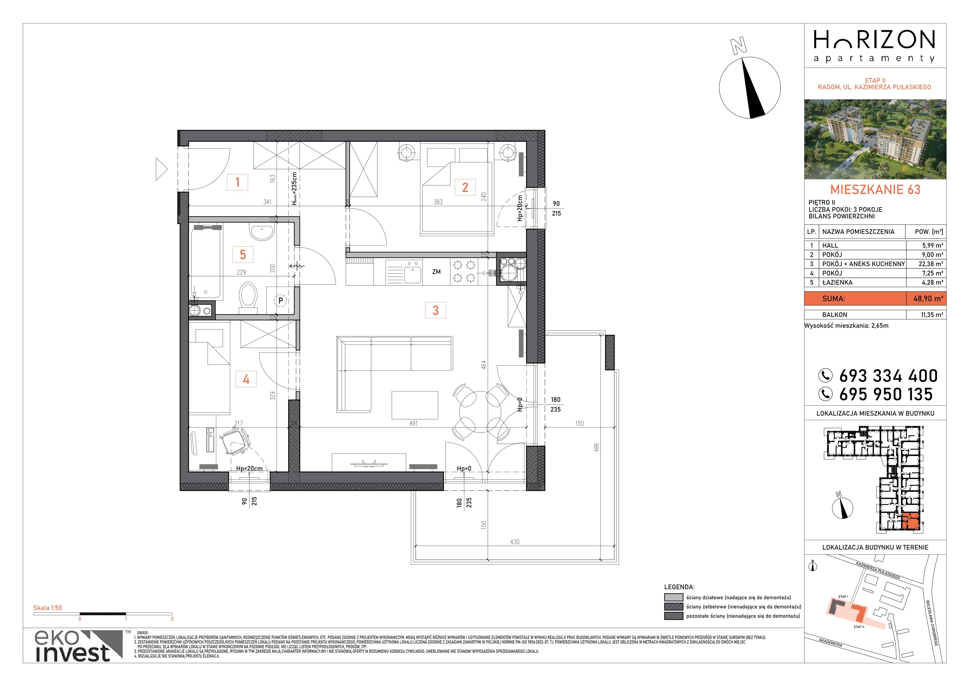 3 pokoje, mieszkanie 48,90 m², piętro 2, oferta nr 63, Apartamenty Horizon II etap, Radom, Akademickie, ul. Kazimierza Pułaskiego / Akademicka
