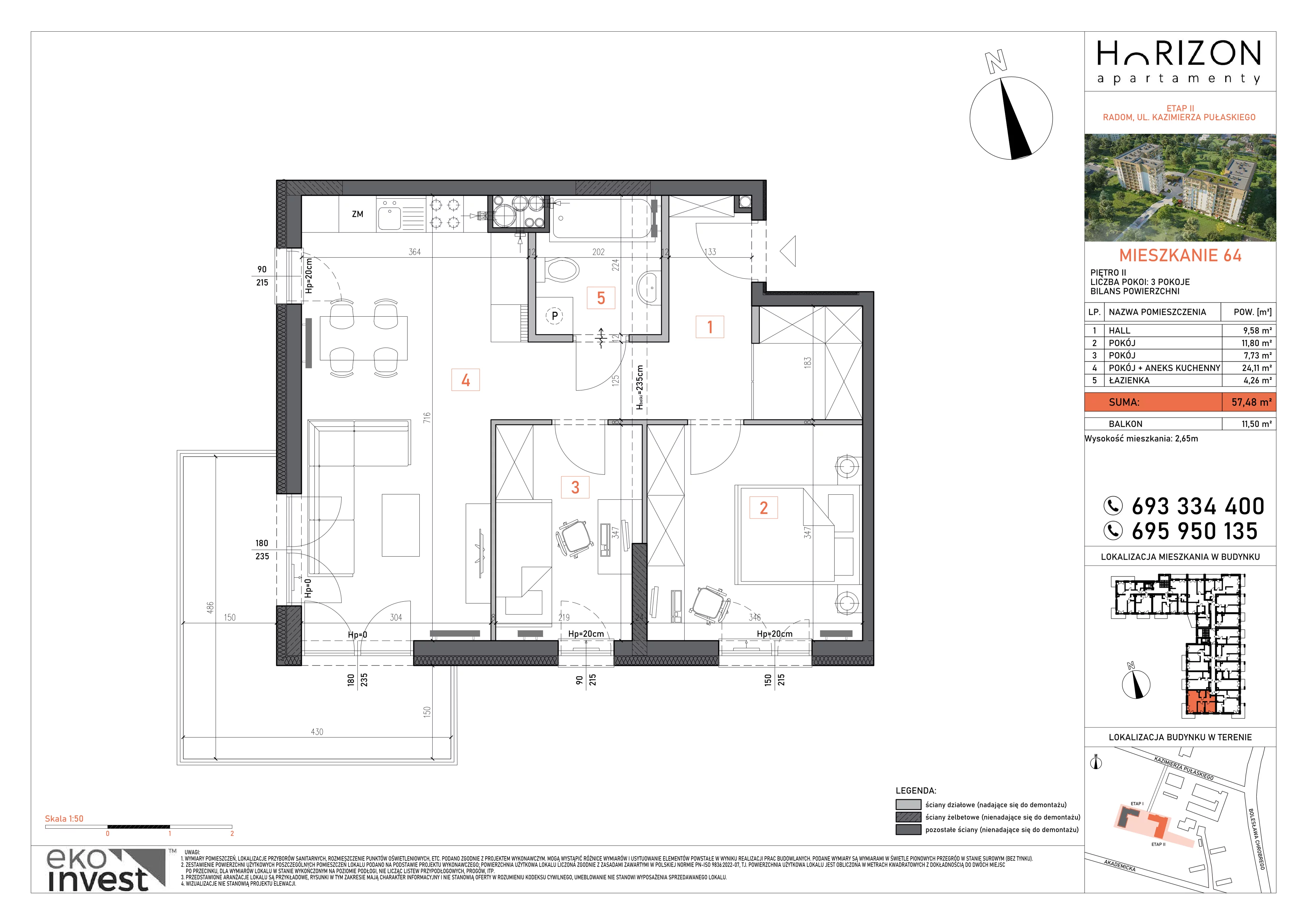 3 pokoje, mieszkanie 57,48 m², piętro 2, oferta nr 64, Apartamenty Horizon II etap, Radom, Akademickie, ul. Kazimierza Pułaskiego / Akademicka
