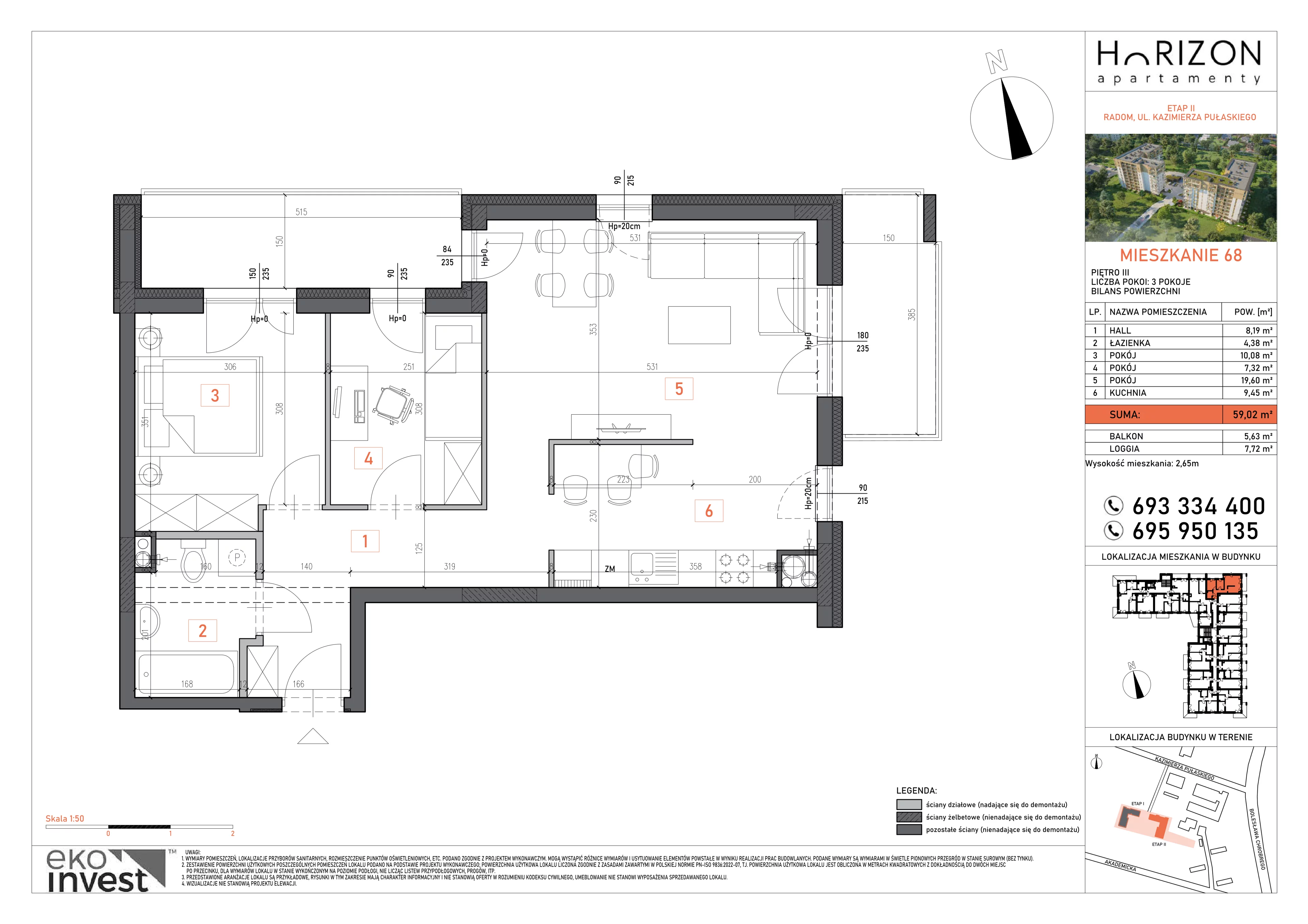 3 pokoje, mieszkanie 59,02 m², piętro 3, oferta nr 68, Apartamenty Horizon II etap, Radom, Akademickie, ul. Kazimierza Pułaskiego / Akademicka