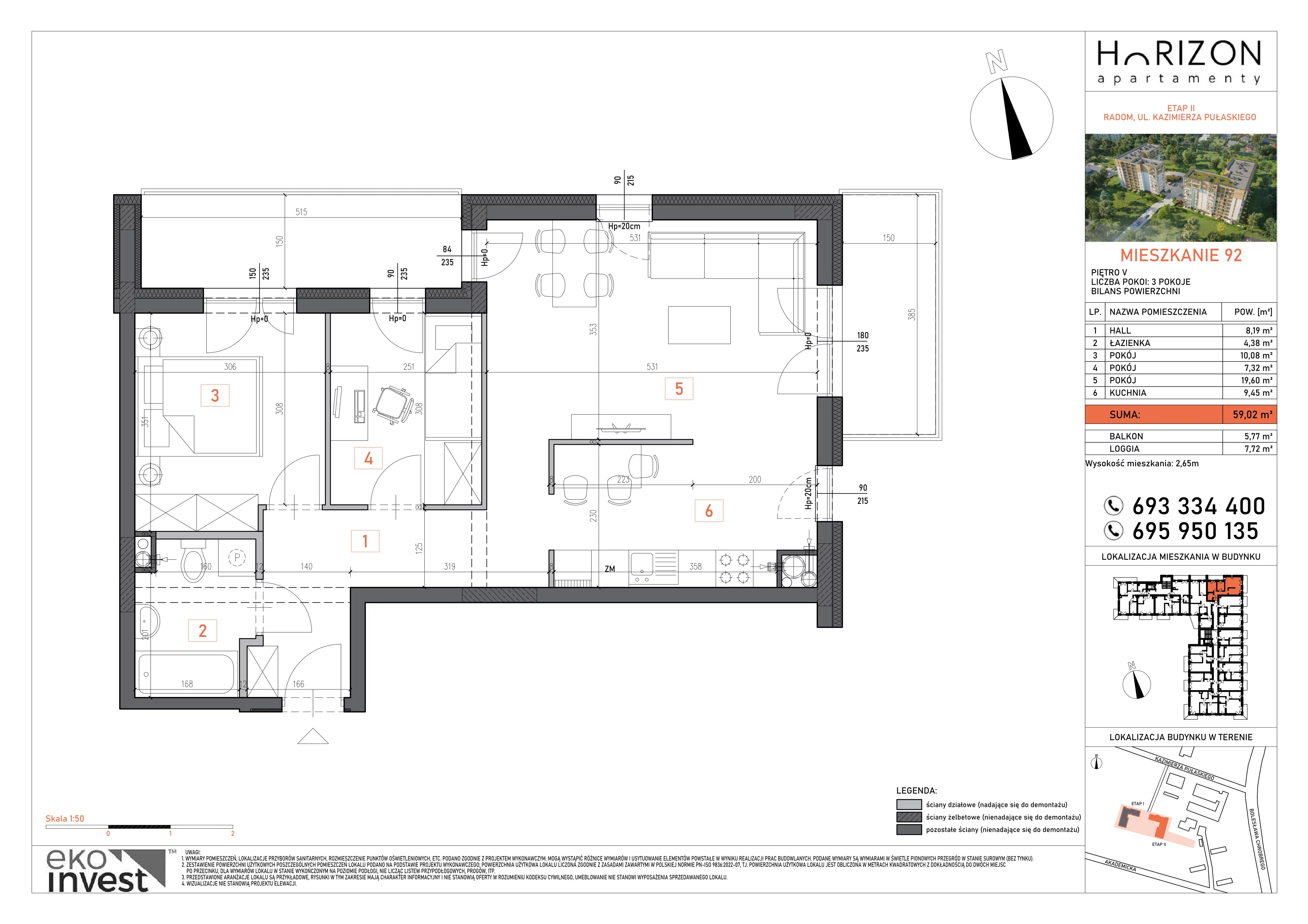 3 pokoje, mieszkanie 59,02 m², piętro 5, oferta nr 92, Apartamenty Horizon II etap, Radom, Akademickie, ul. Kazimierza Pułaskiego / Akademicka