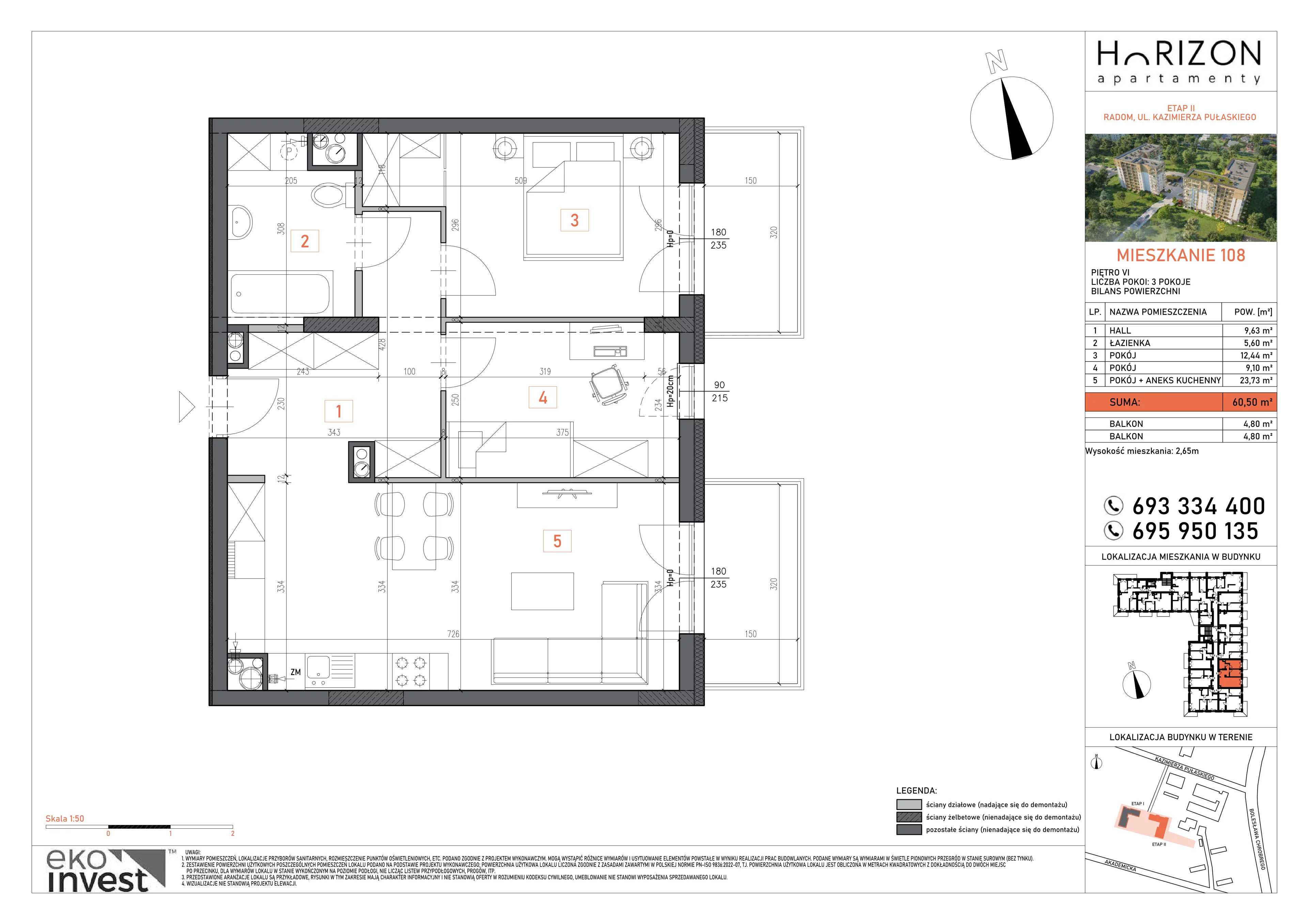 3 pokoje, mieszkanie 60,50 m², piętro 6, oferta nr 108, Apartamenty Horizon II etap, Radom, Akademickie, ul. Kazimierza Pułaskiego / Akademicka