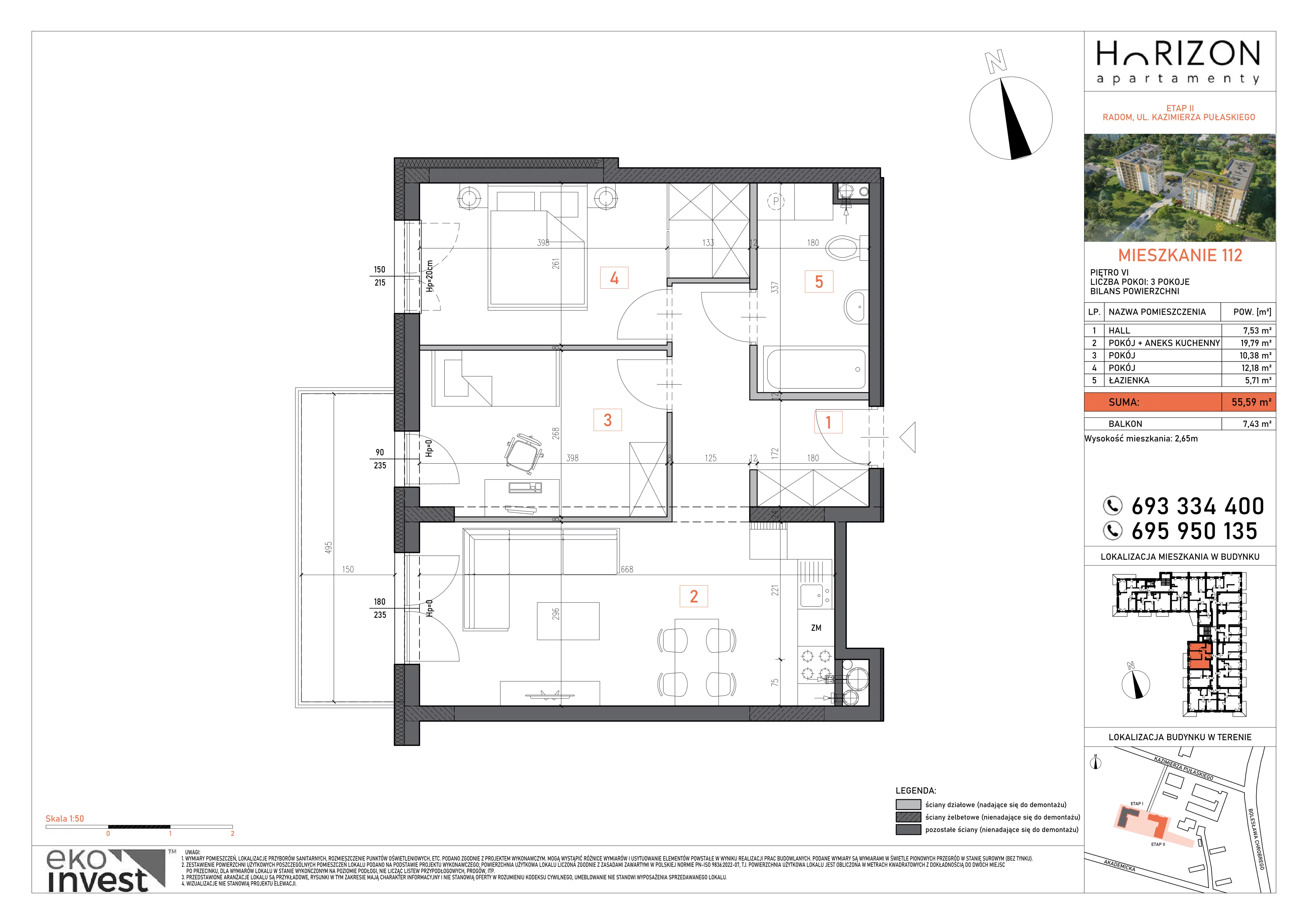 3 pokoje, mieszkanie 55,59 m², piętro 6, oferta nr 112, Apartamenty Horizon II etap, Radom, Akademickie, ul. Kazimierza Pułaskiego / Akademicka