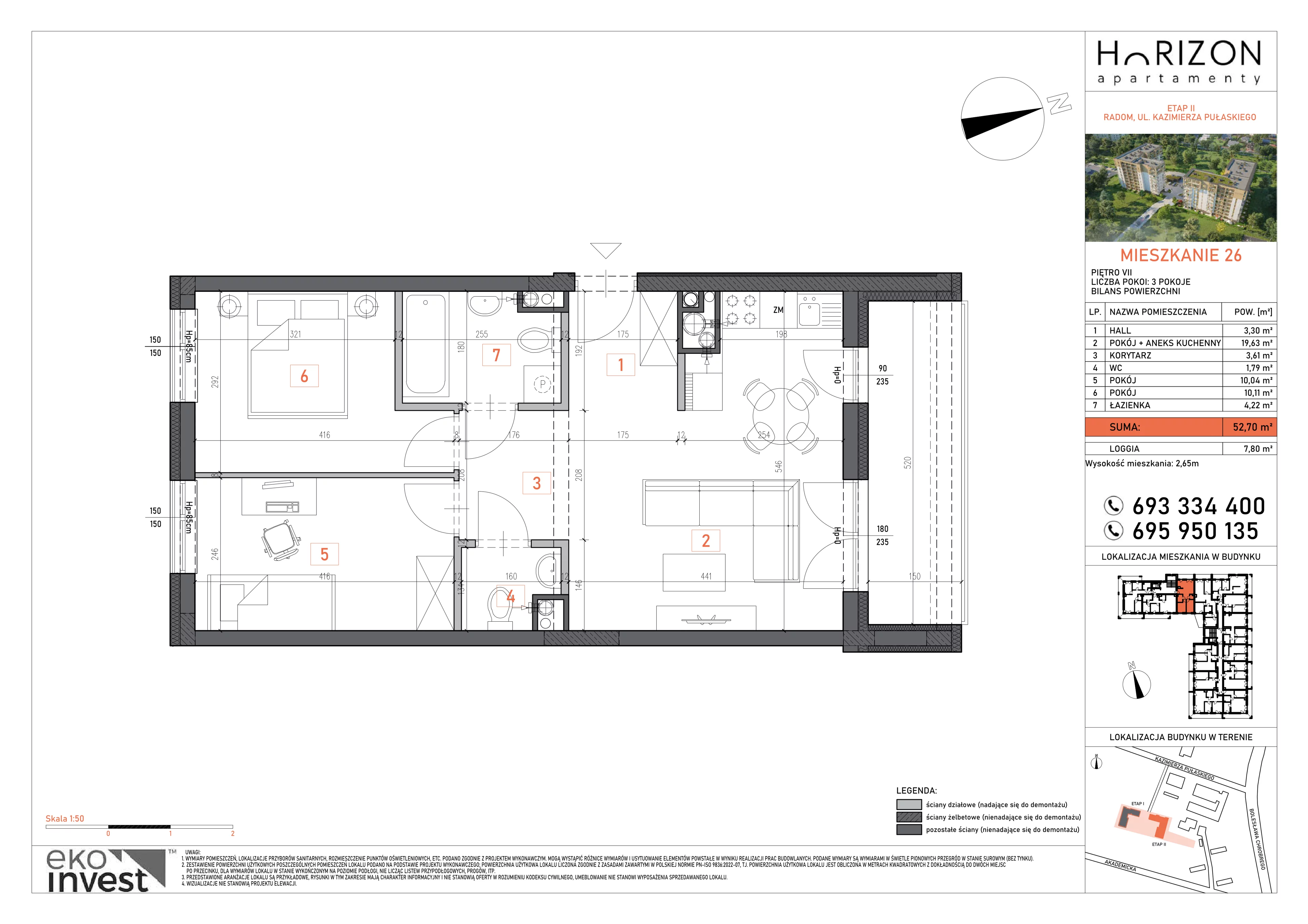 3 pokoje, mieszkanie 52,70 m², piętro 7, oferta nr 26, Apartamenty Horizon II etap, Radom, Akademickie, ul. Kazimierza Pułaskiego / Akademicka