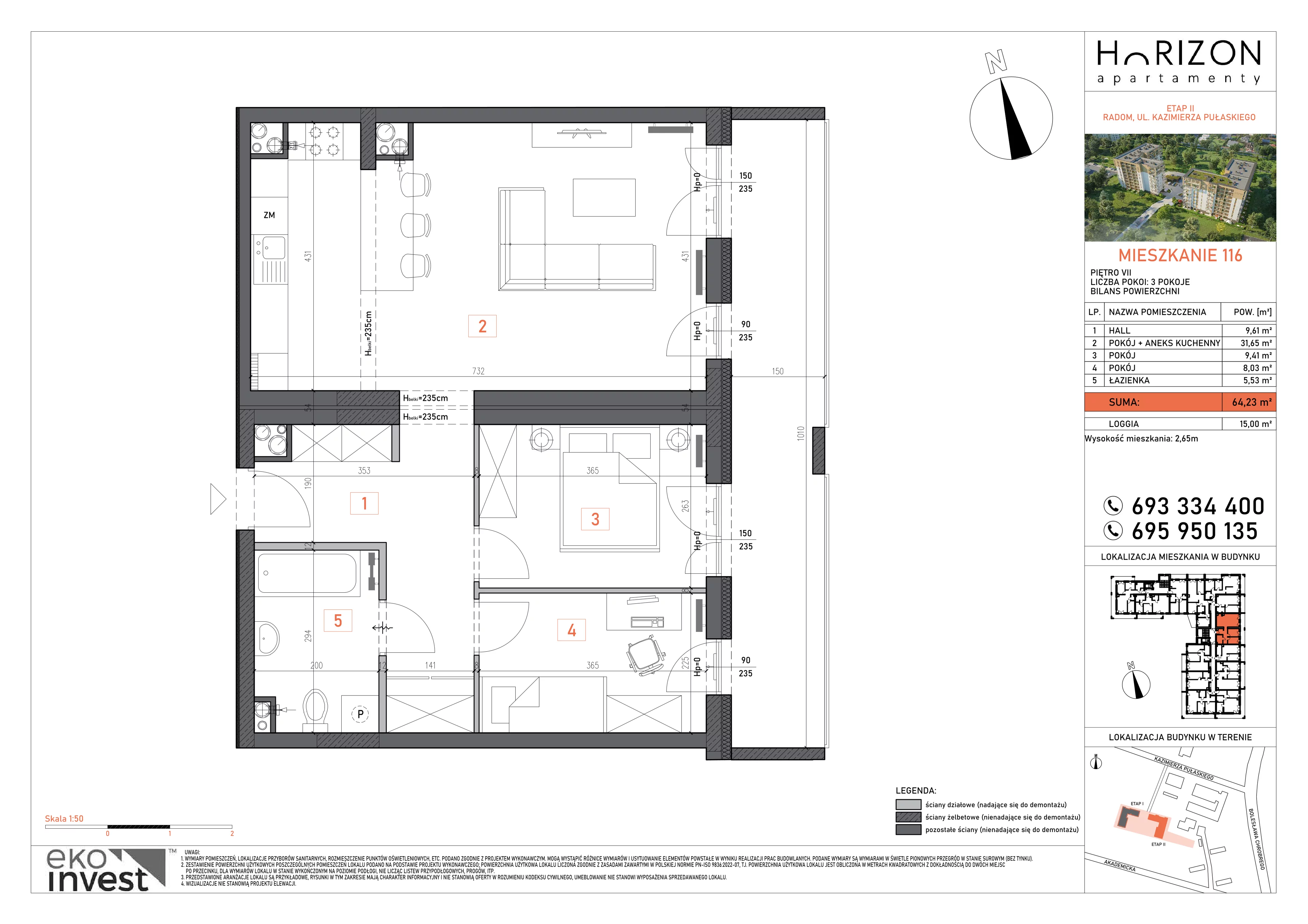 3 pokoje, mieszkanie 64,23 m², piętro 7, oferta nr 116, Apartamenty Horizon II etap, Radom, Akademickie, ul. Kazimierza Pułaskiego / Akademicka