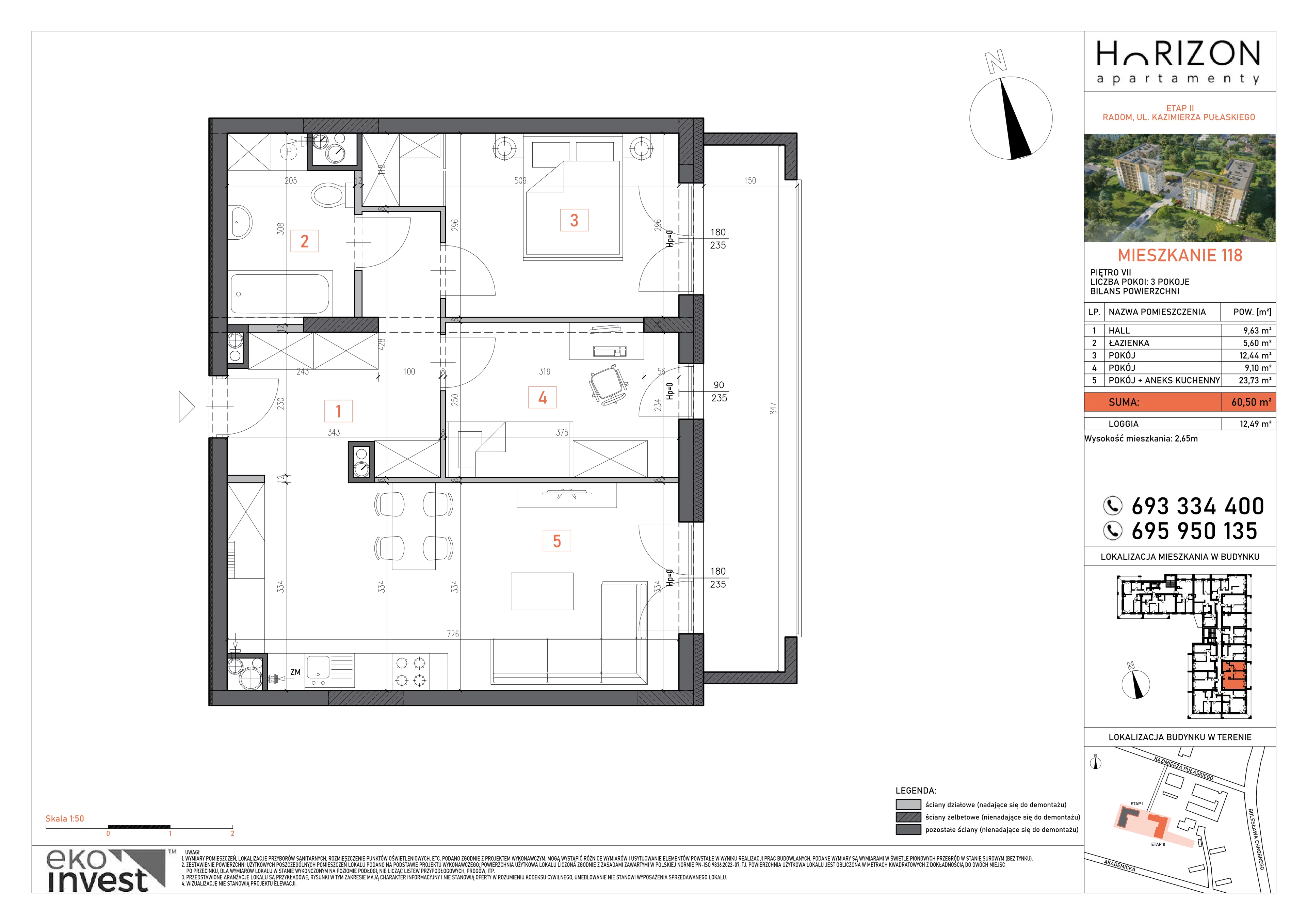 3 pokoje, mieszkanie 60,50 m², piętro 7, oferta nr 118, Apartamenty Horizon II etap, Radom, Akademickie, ul. Kazimierza Pułaskiego / Akademicka
